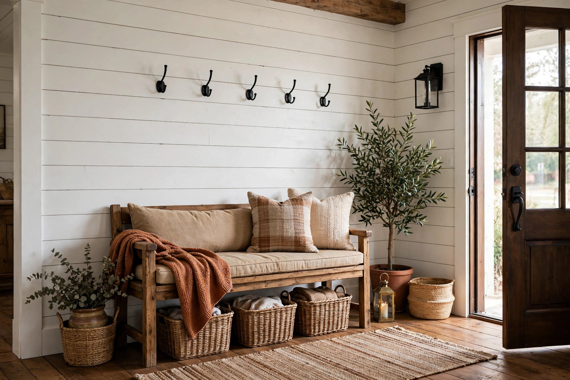 White Shiplap Wall Bringing Farmhouse Warmth To Entry
