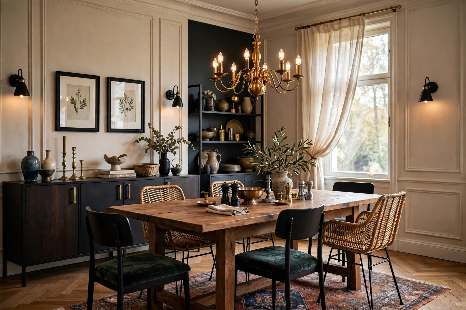 Formal Dining Room With Mixed Brass And Black Metals