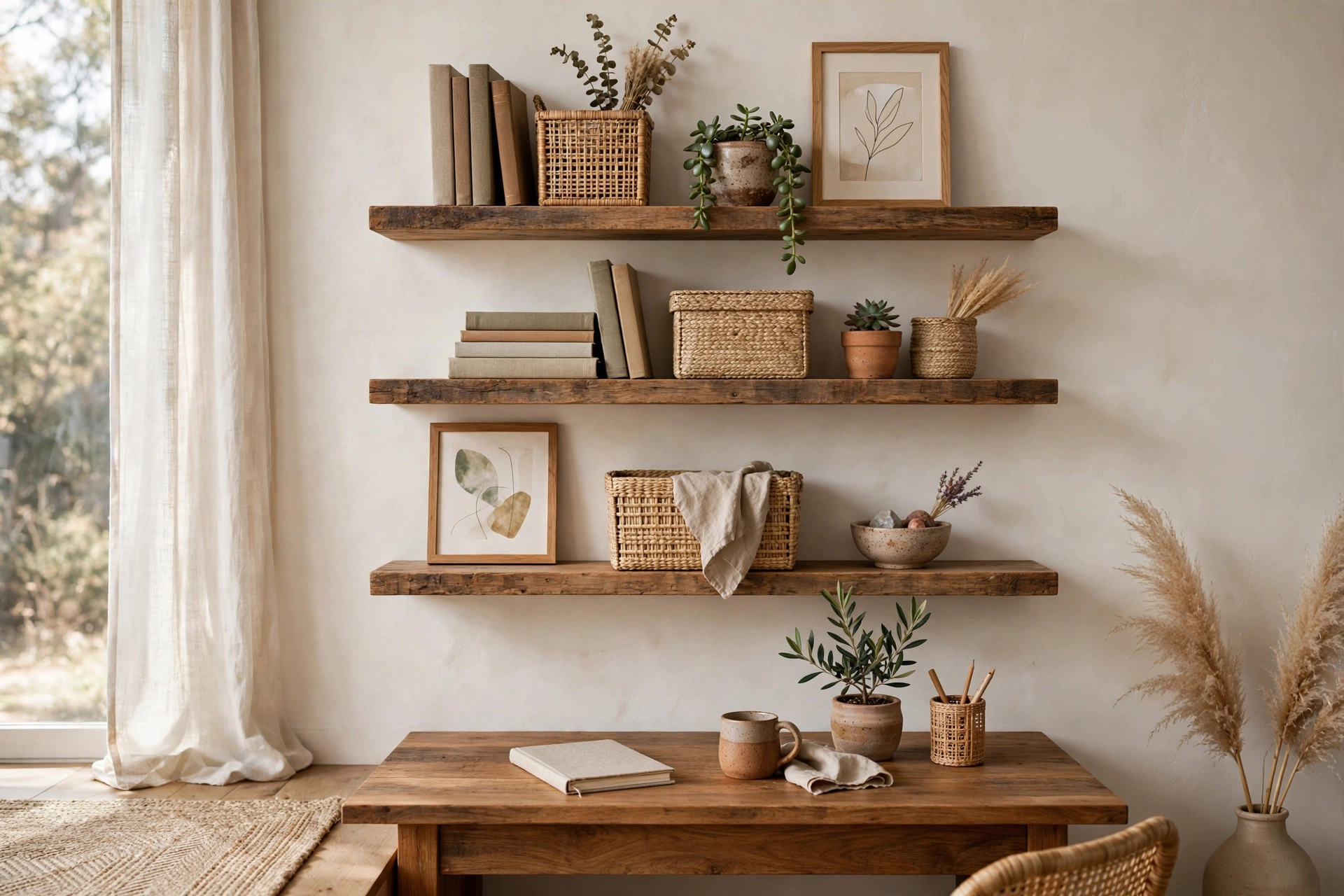 Reclaimed wood floating shelves styled with books and plants in a boho home office