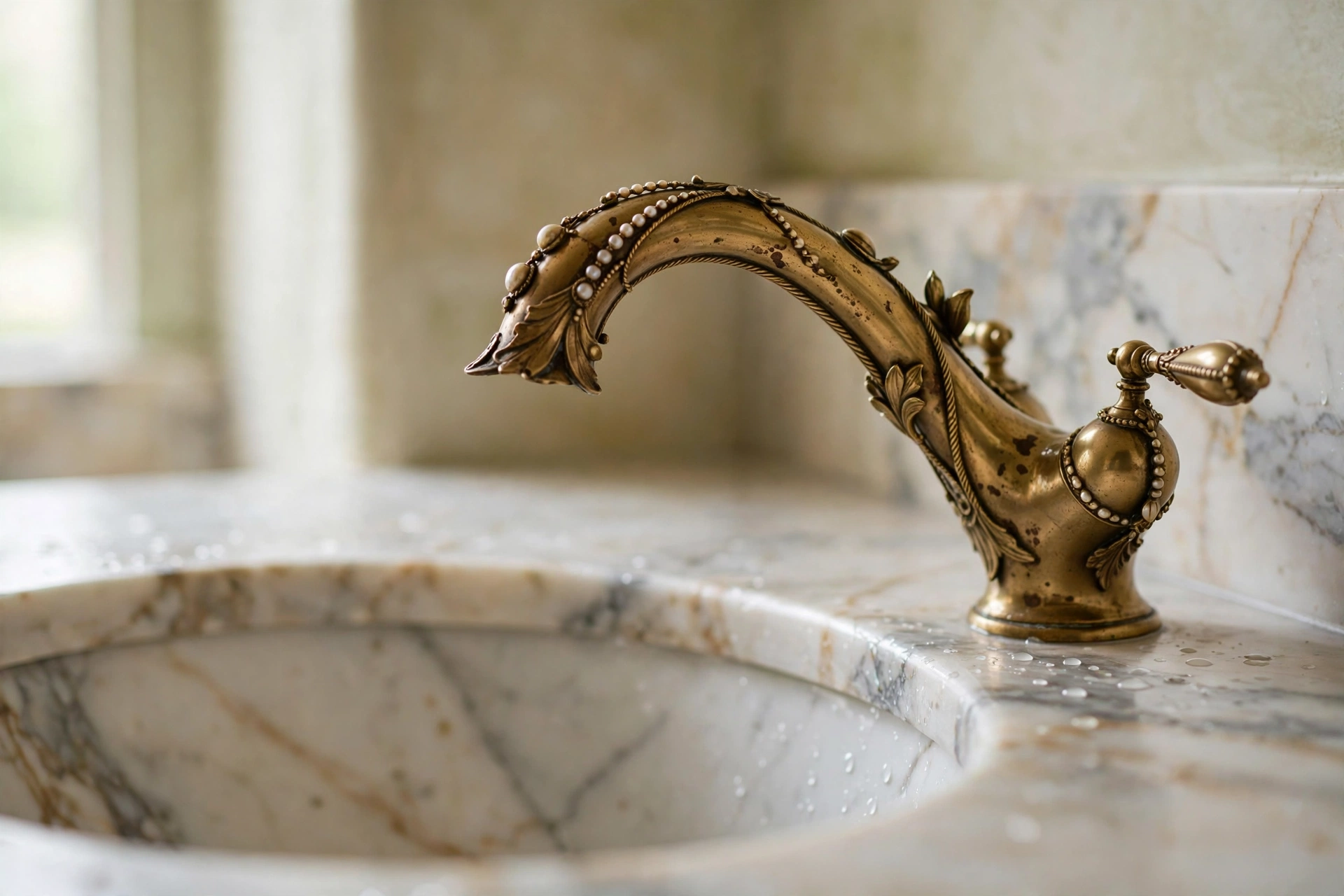 Powder Room Sink With Sculptural Brass Faucet