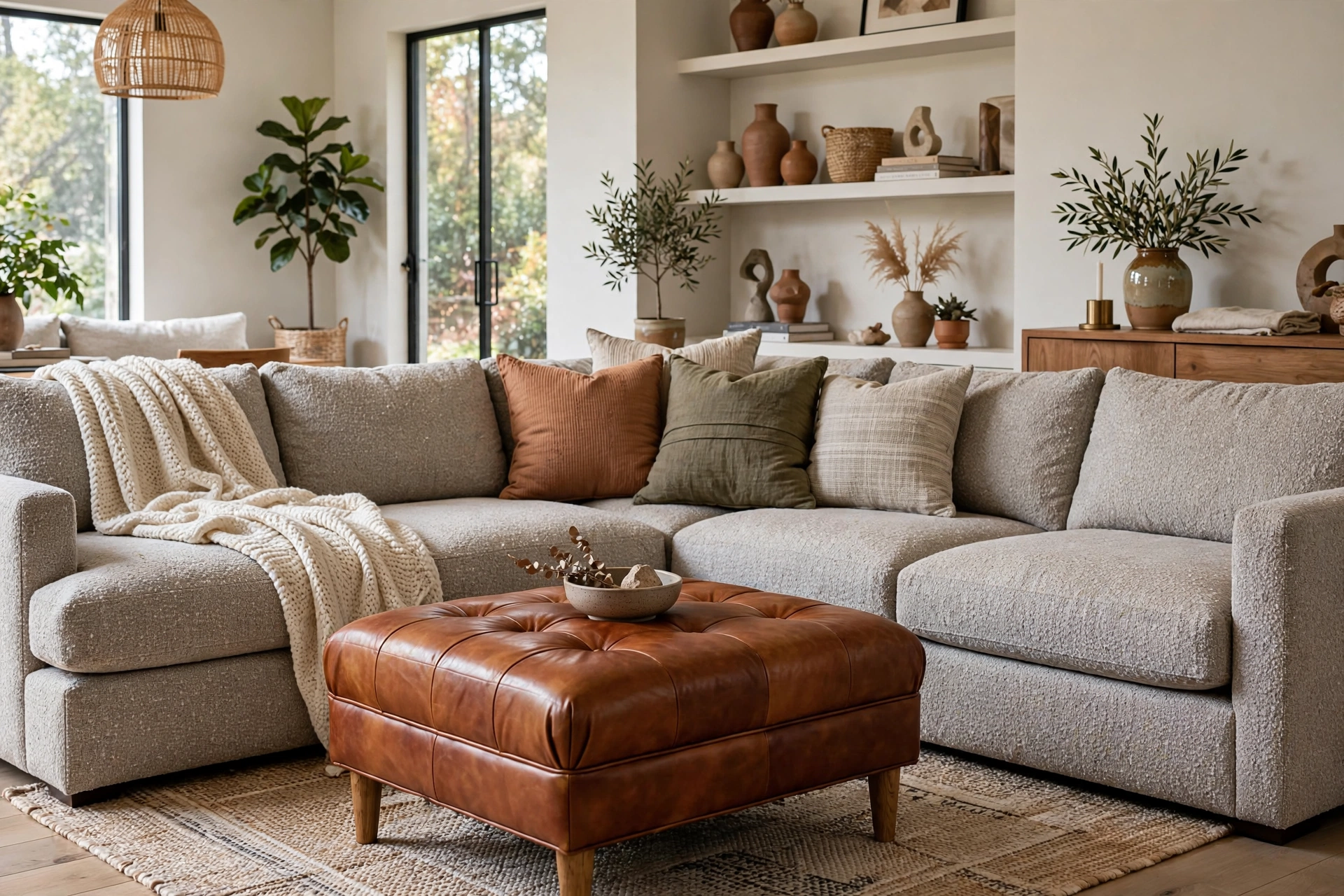 Leather Ottoman Contrasting With Fabric Sectional Sofa