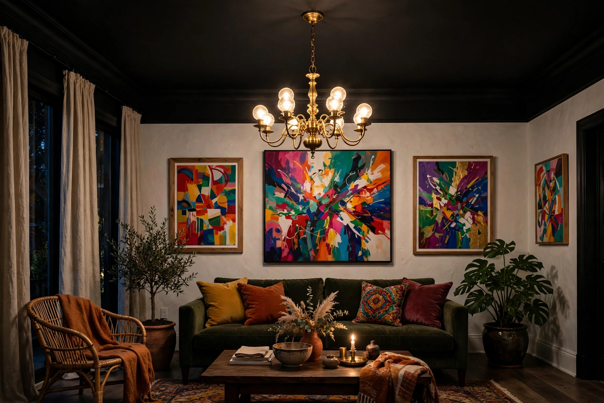 Dramatic Black Ceiling In A Cozy Living Room