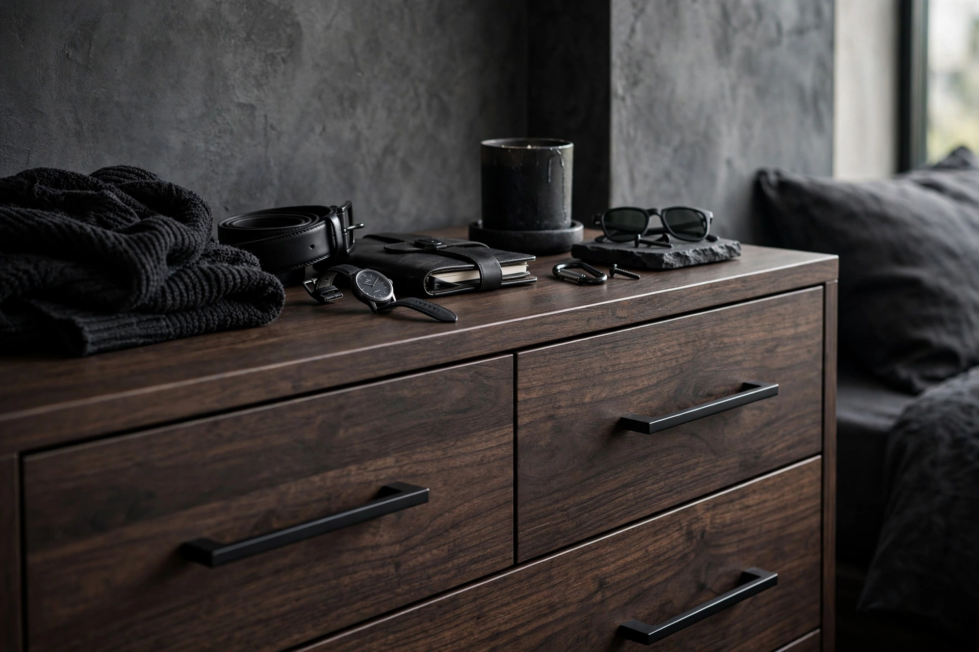 Matte Black Fixtures And Hardware In Bedroom