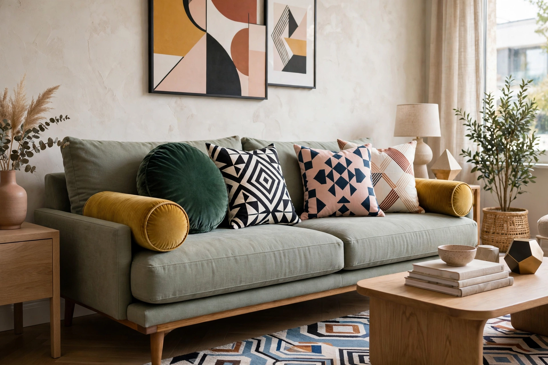 Round And Shaped Throw Pillows On A Modern Sofa