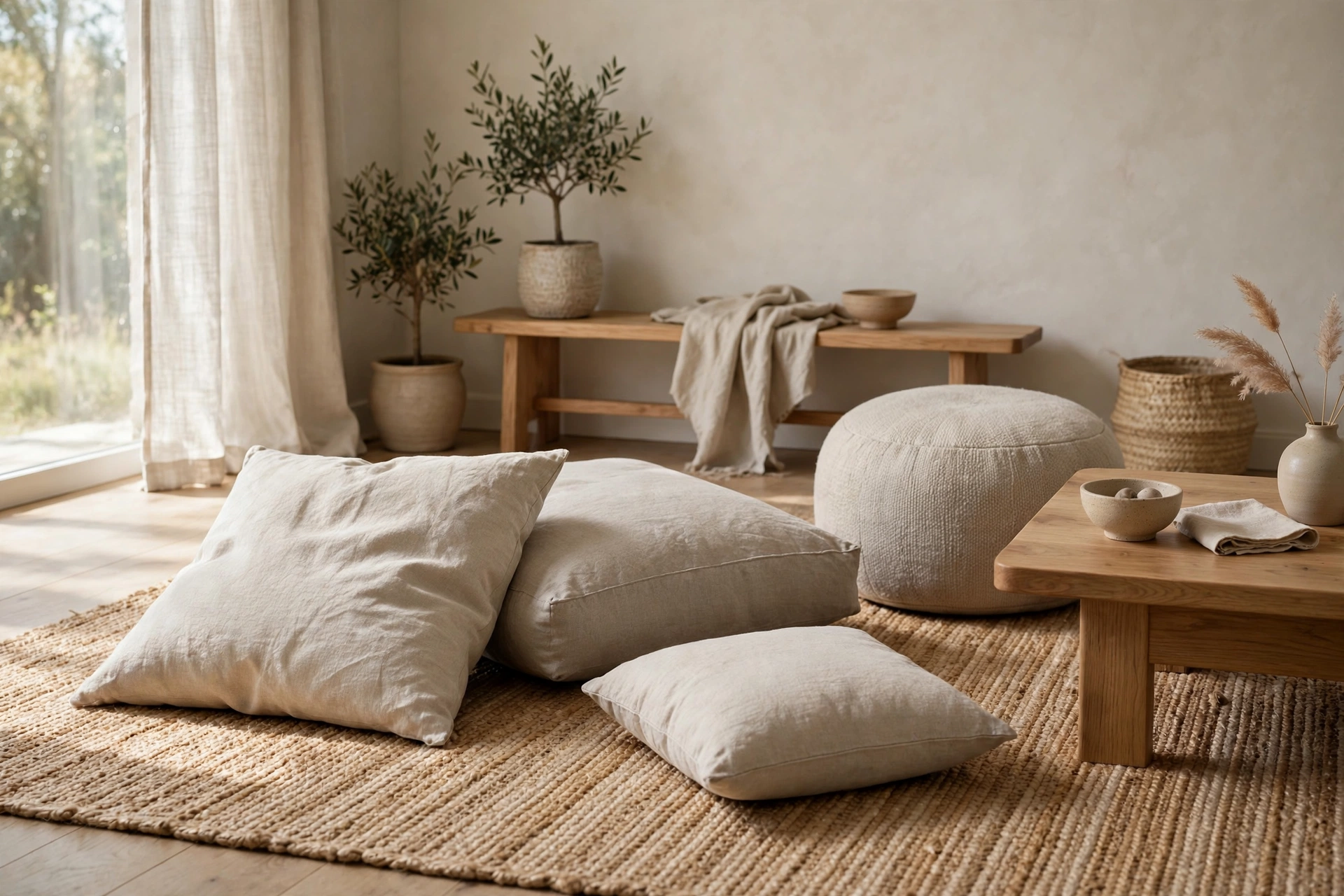Linen floor cushions and round pouf beside low oak coffee table