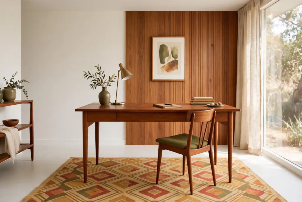 Geometric rug in ochre, rust and olive under teak desk and tapered-leg chair