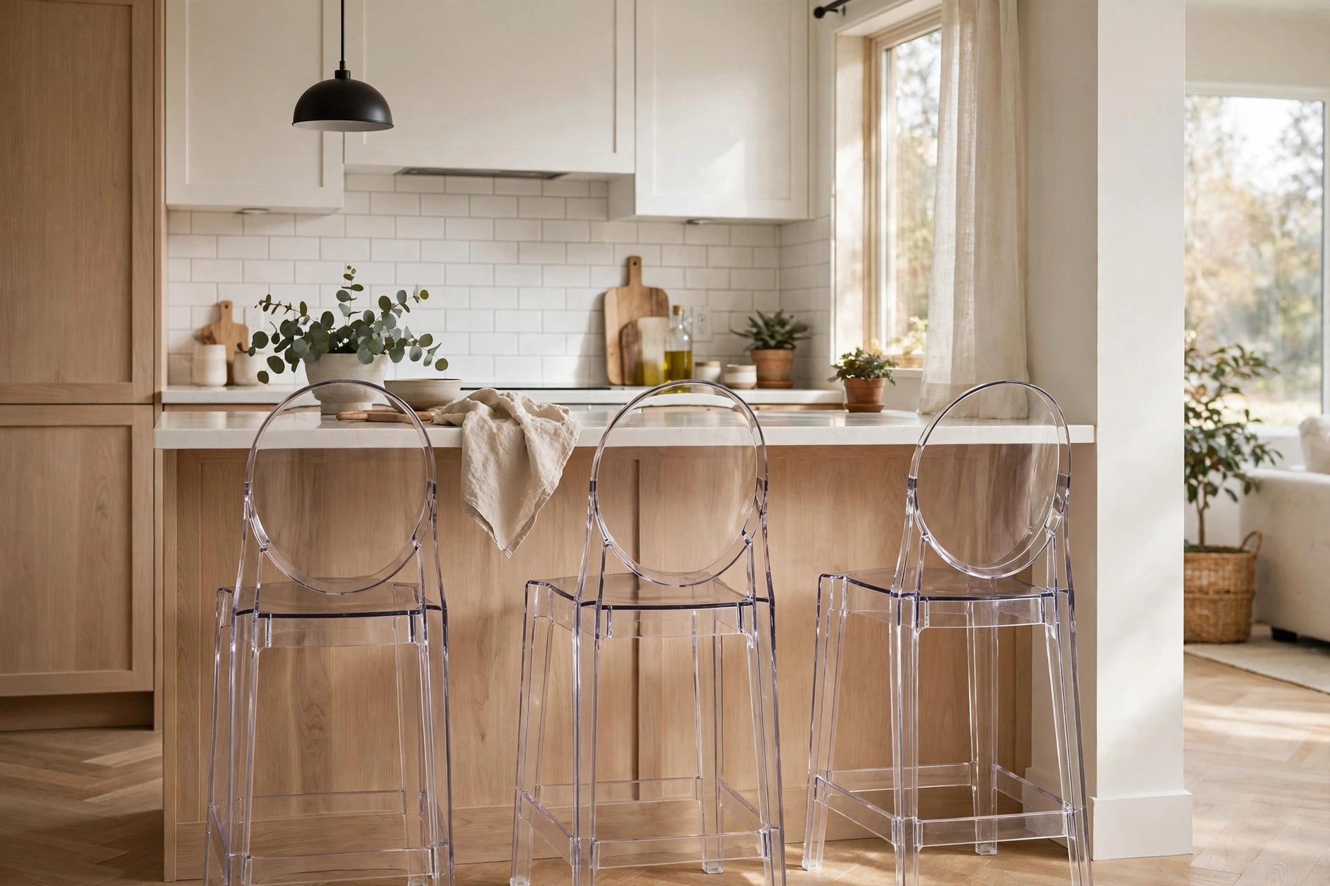 Transparent acrylic ghost stools keeping a small kitchen feeling open