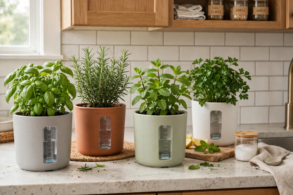 Self-watering herb planters arranged on a kitchen countertop