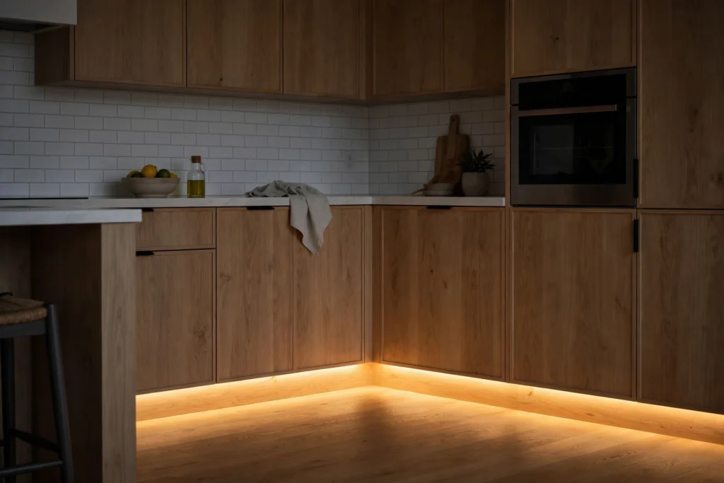 Soft toe-kick lighting glowing along the base of kitchen cabinets