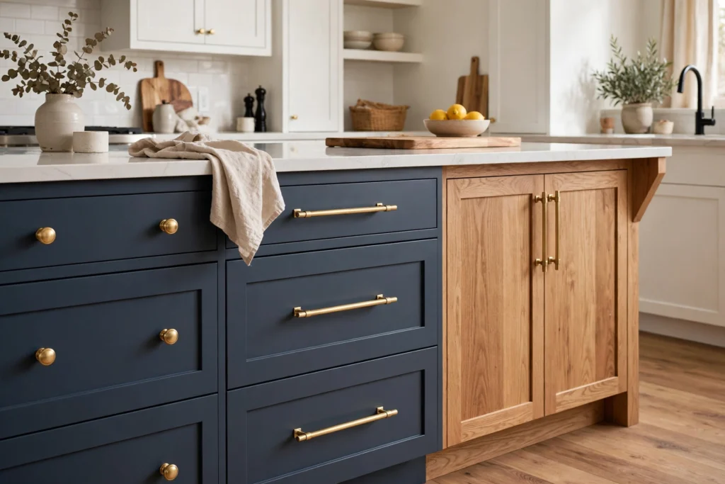 Mixed knobs and pulls in matching brass finish on a two-tone kitchen island