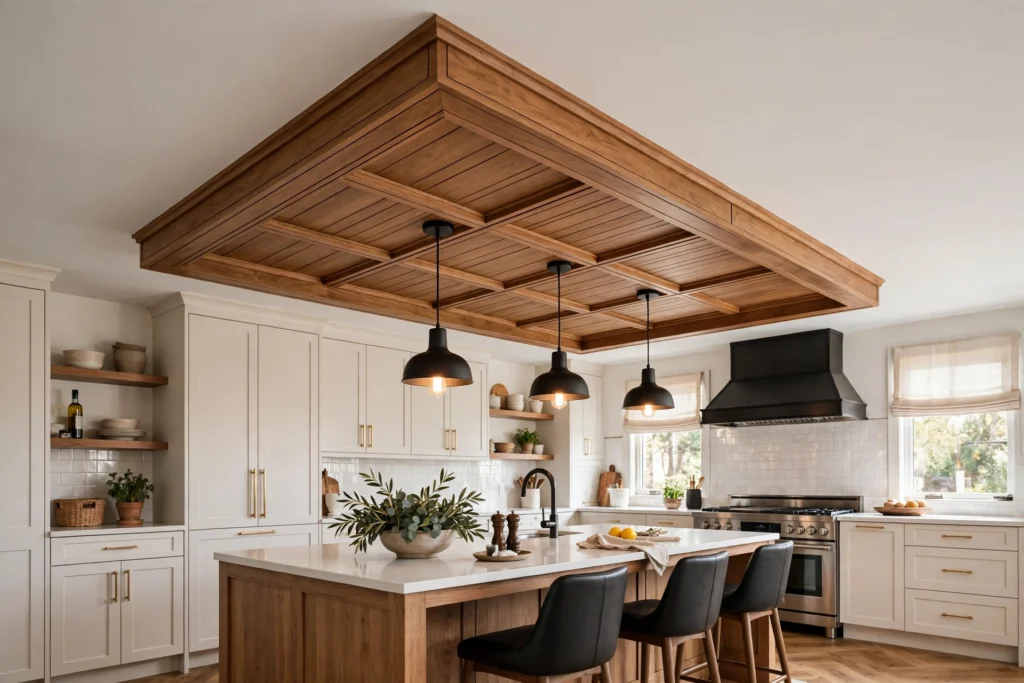 Framed wood ceiling panel defining the area above a kitchen island
