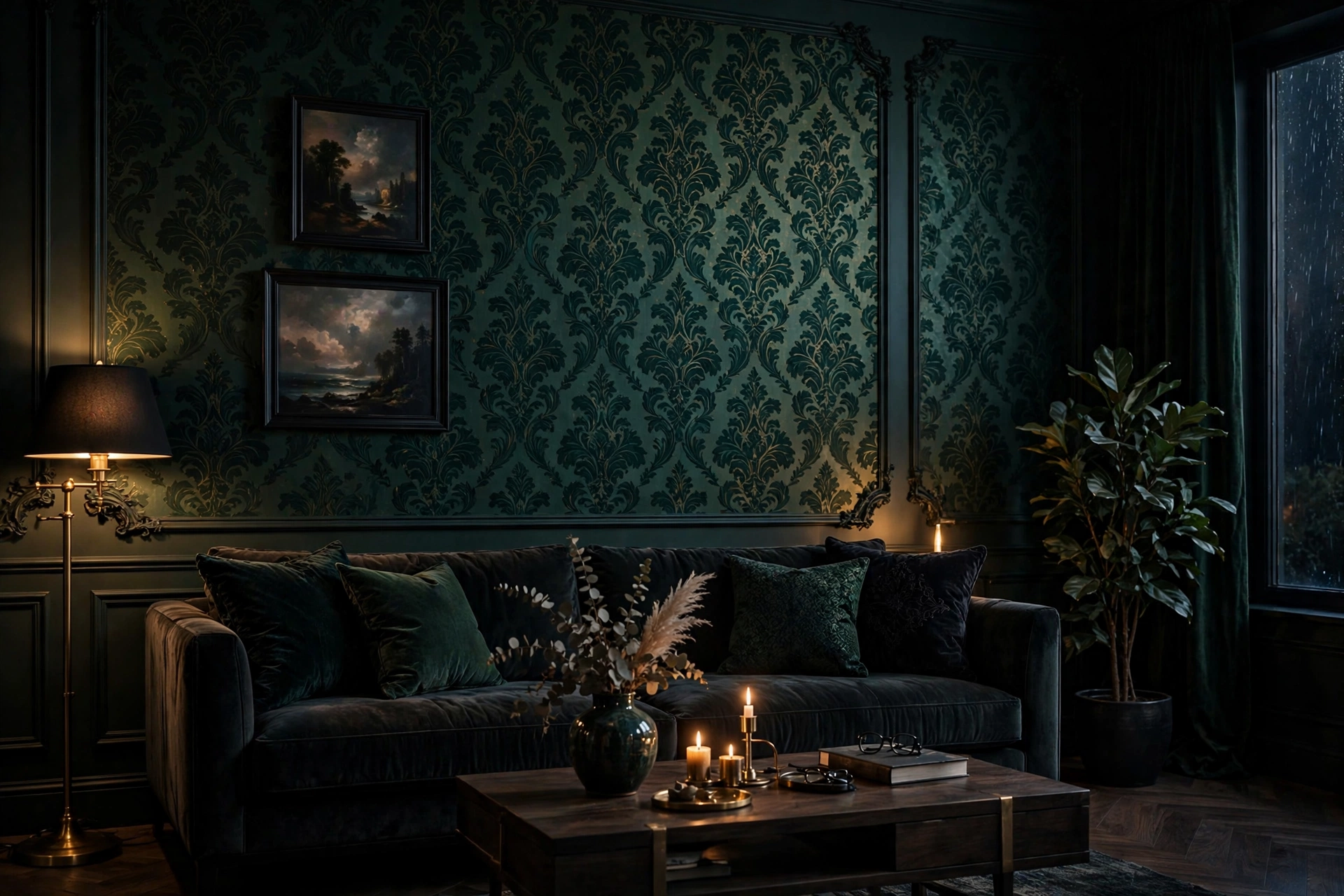 Dark emerald wallpaper creating a moody dramatic living room backdrop