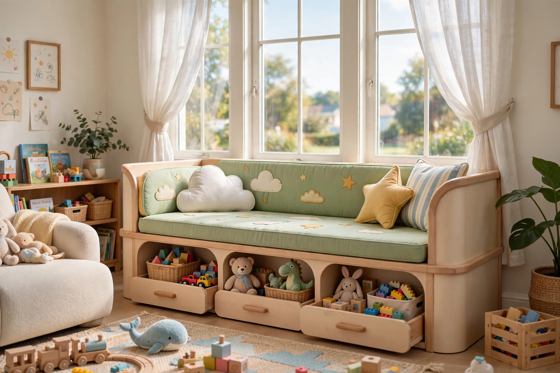 Kid-friendly window seat with rounded edges and toy storage in a family living room