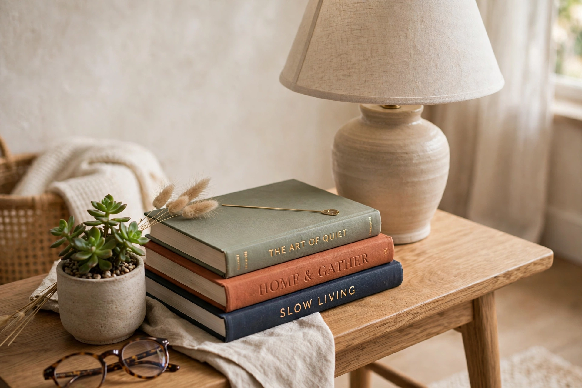 Side table styled with a lamp, stacked books, and a small potted plant
