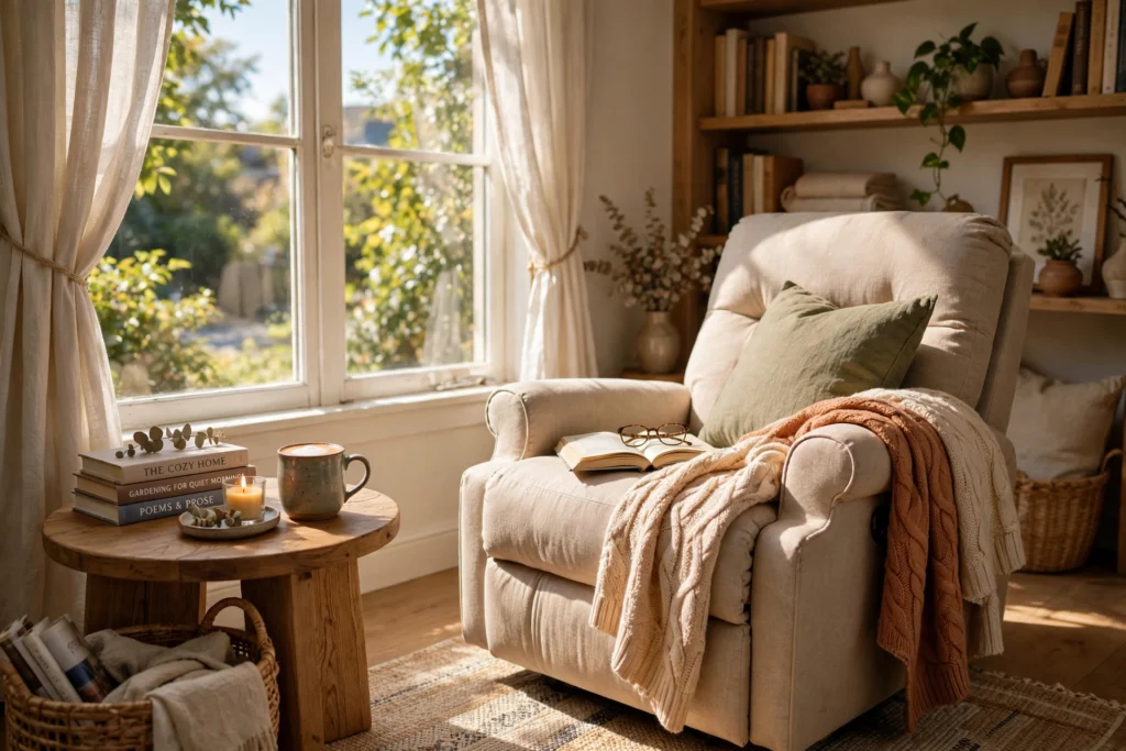 Recliner by a sunny window styled as a cozy reading nook