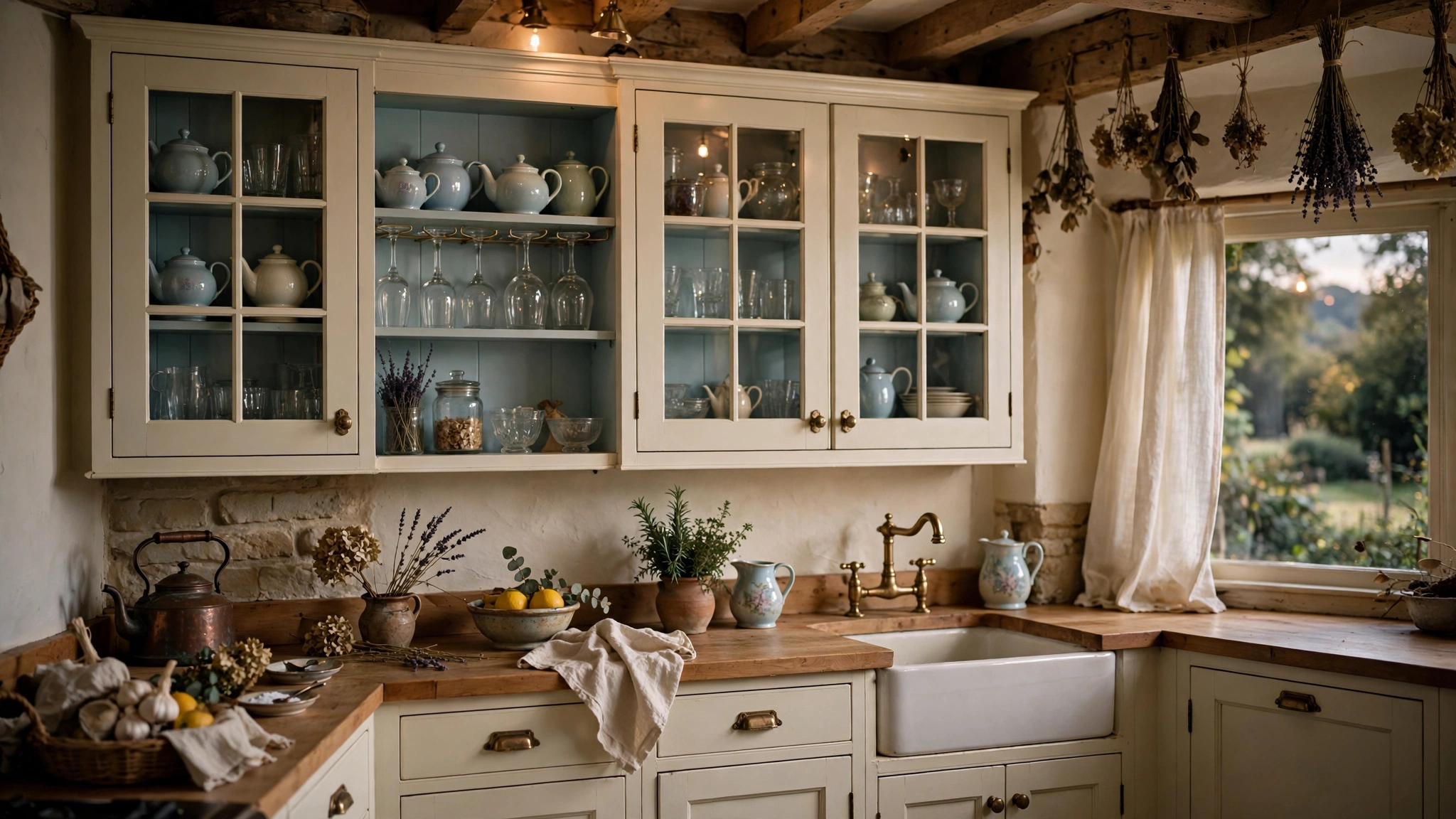 Glass-front cabinets with mullioned panes displaying teapots in a cottage kitchen