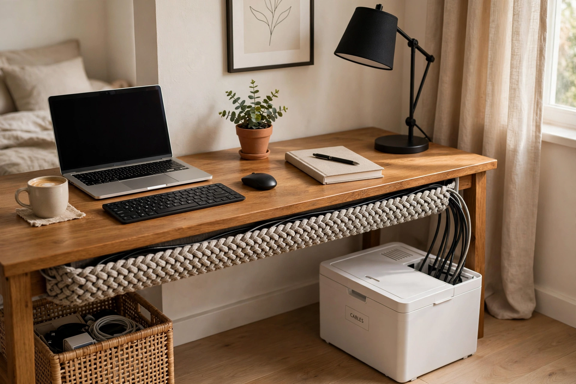 Bedroom desk with hidden cables routed through a fabric sleeve and tidy cable box