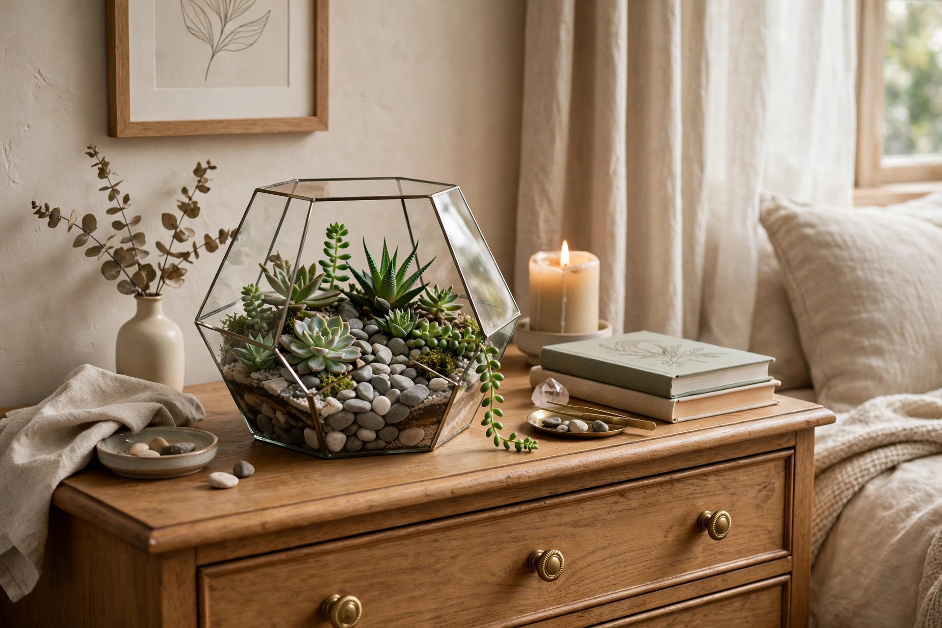 Glass terrarium with succulents and pebbles styled on a bedroom dresser