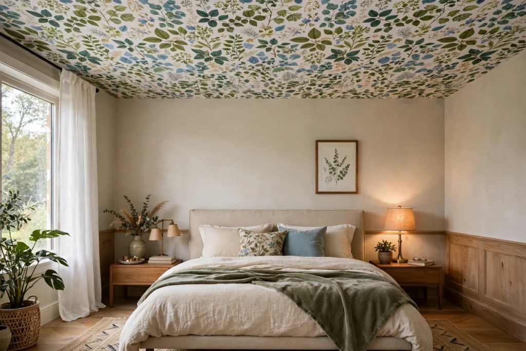 Stylish bedroom with a patterned botanical wallpapered ceiling above the bed