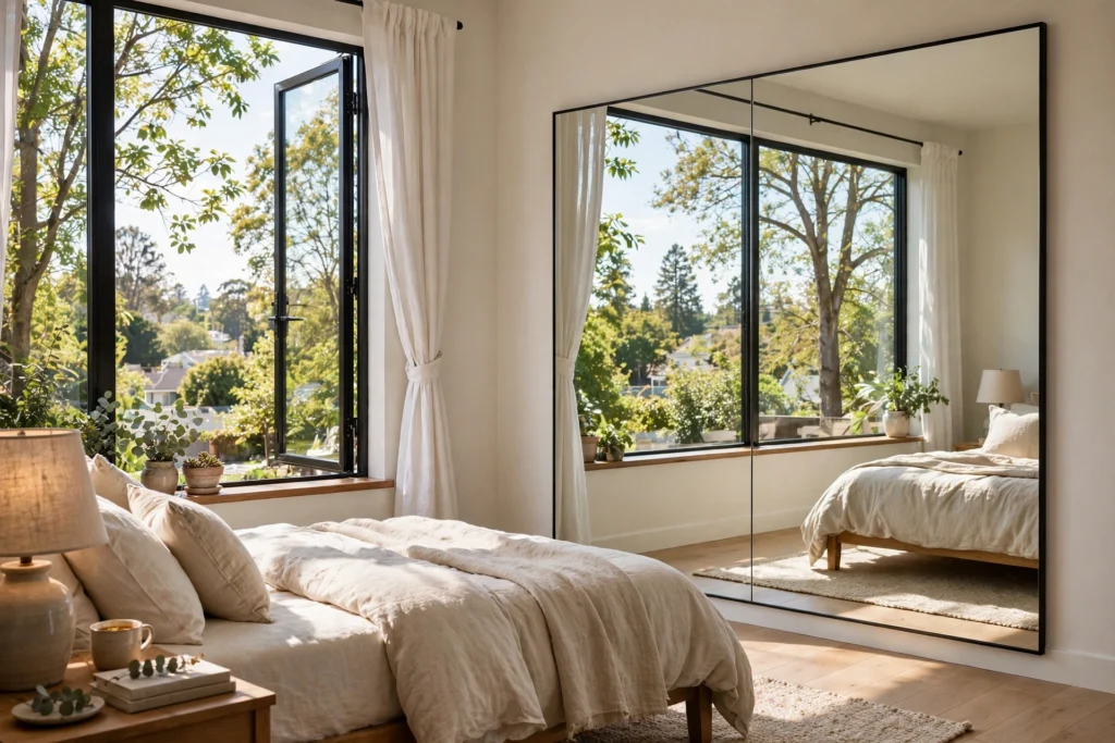 Large bedroom wall mirror placed opposite a window, doubling daylight and the view like a second window