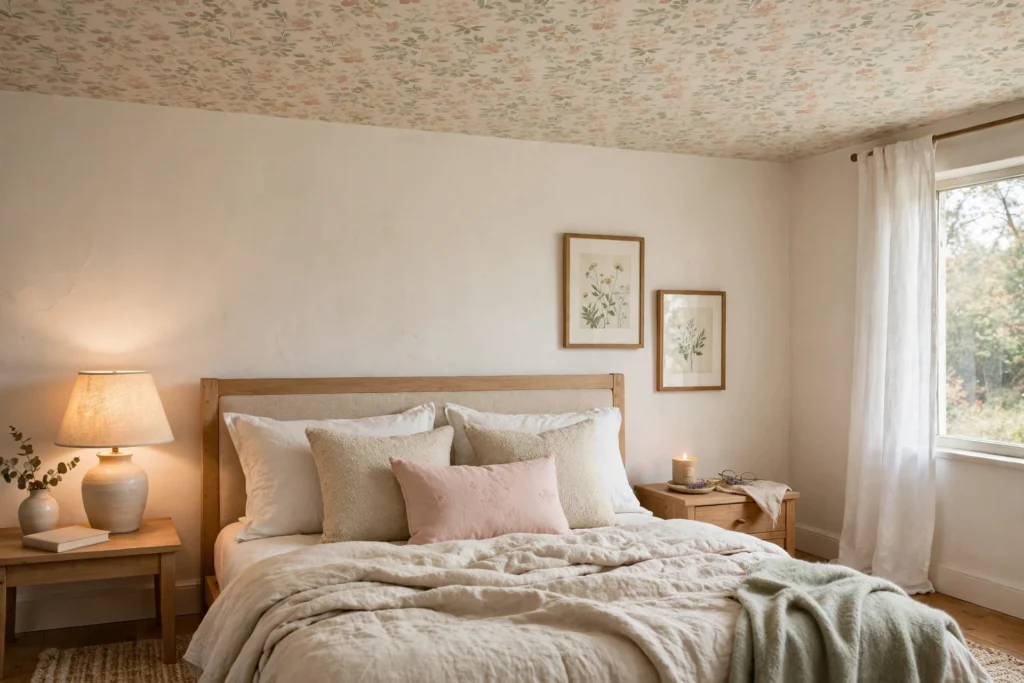 Bedroom with soft patterned wallpaper on the ceiling above the bed