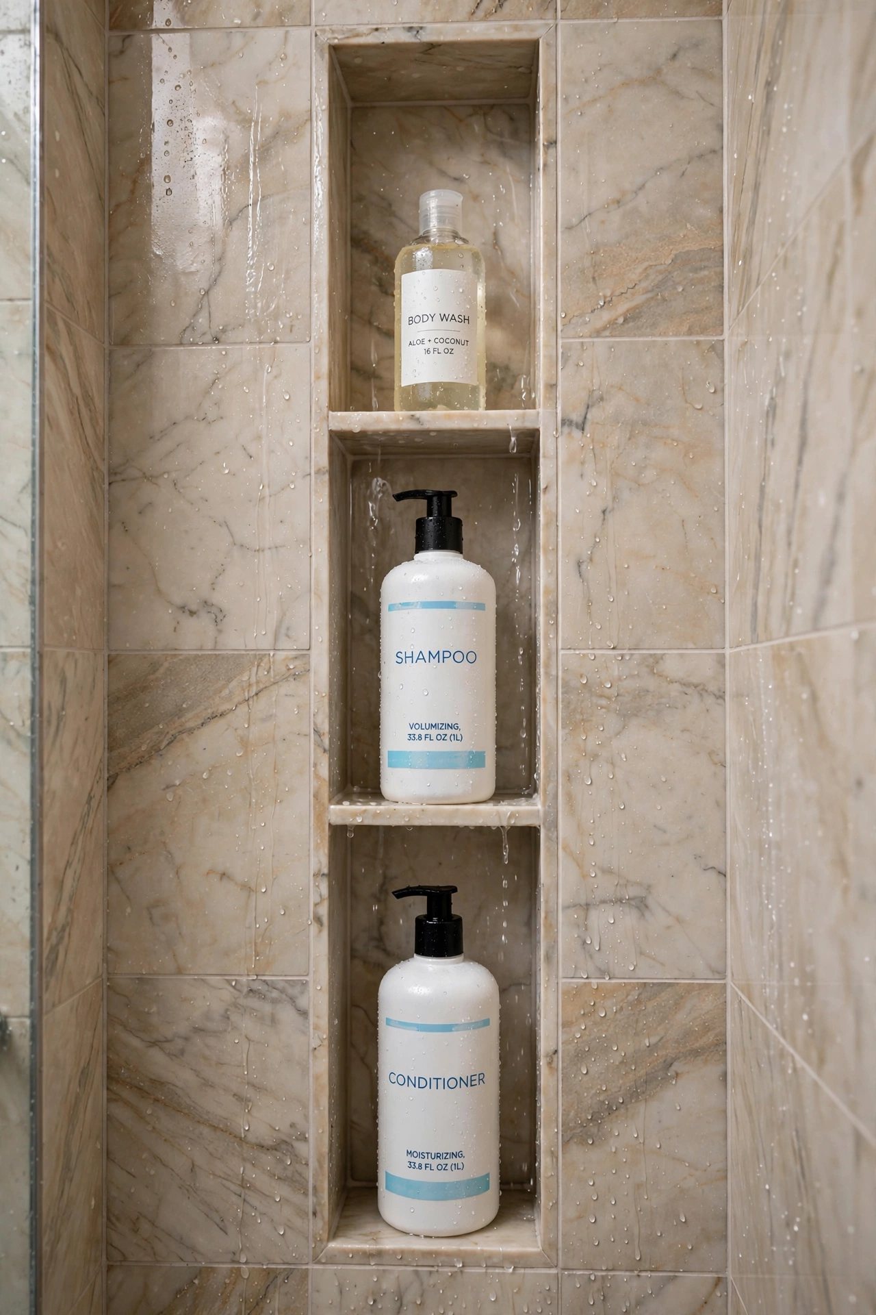 Tall shower niche sized to fit full size shampoo and conditioner bottles