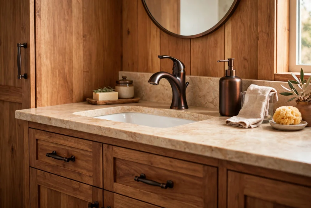 Oil rubbed bronze faucet with warm undertones on a wood vanity