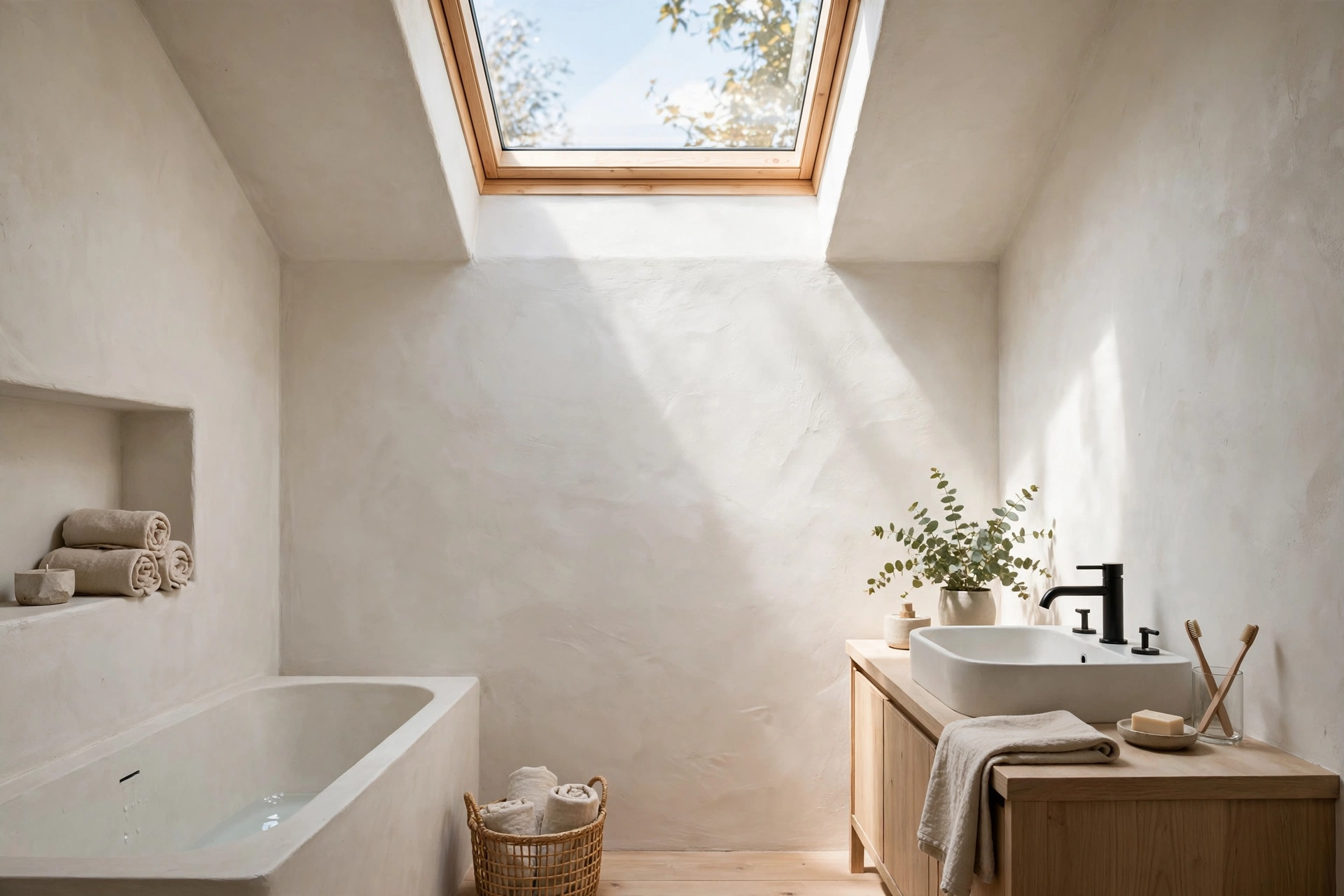 Pale plaster bathroom walls bouncing skylight daylight around the room