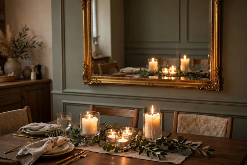 Dining room mirror doubling the glow of lit table candles