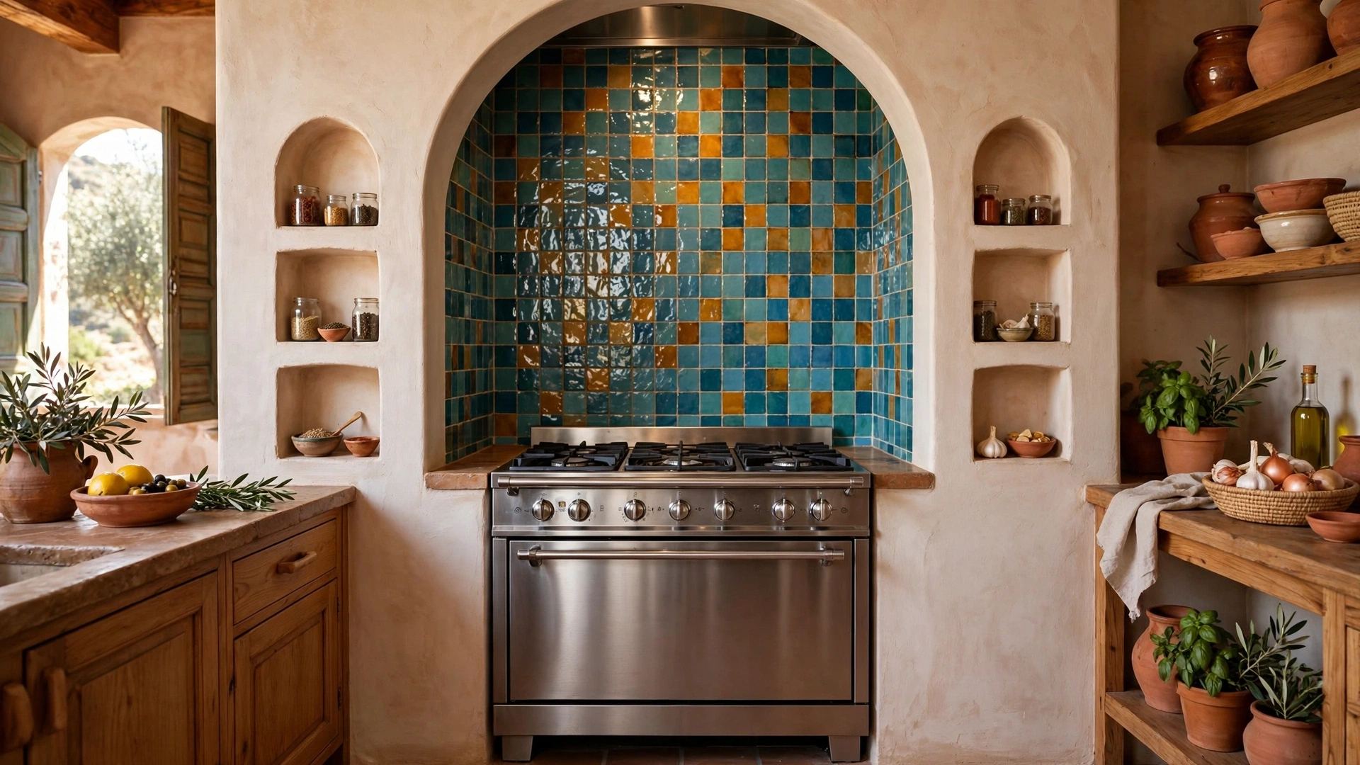 Range cooker set in an arched plaster alcove with zellige tile in a Mediterranean kitchen