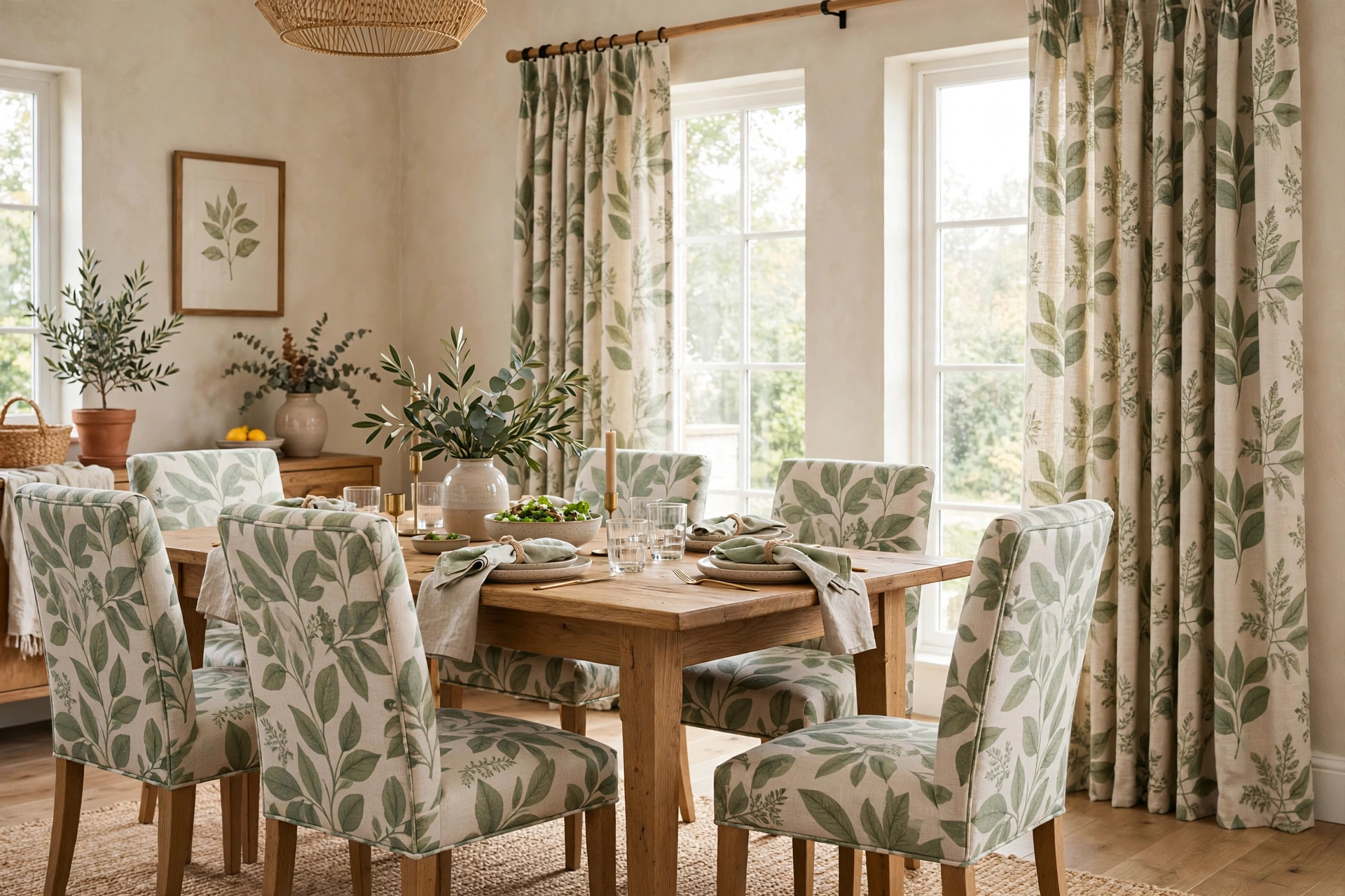 Dining room curtains coordinated with upholstered dining chair fabric