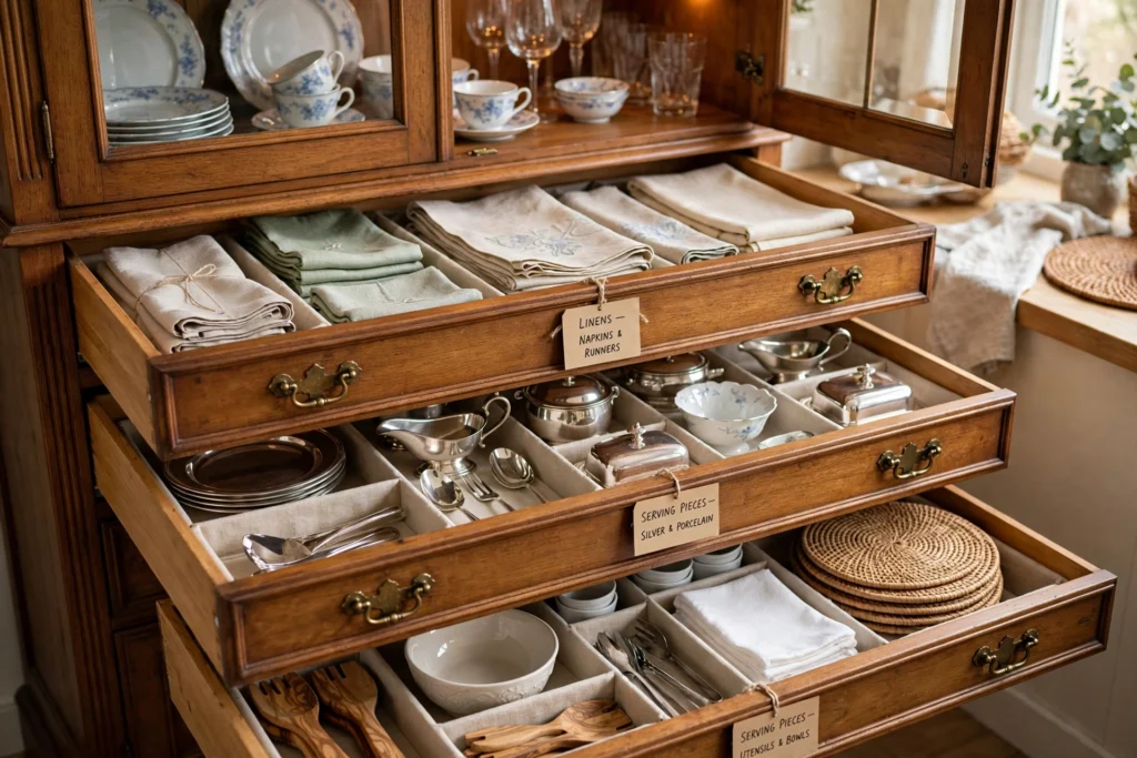 Organized china cabinet drawers storing table linens and serving pieces