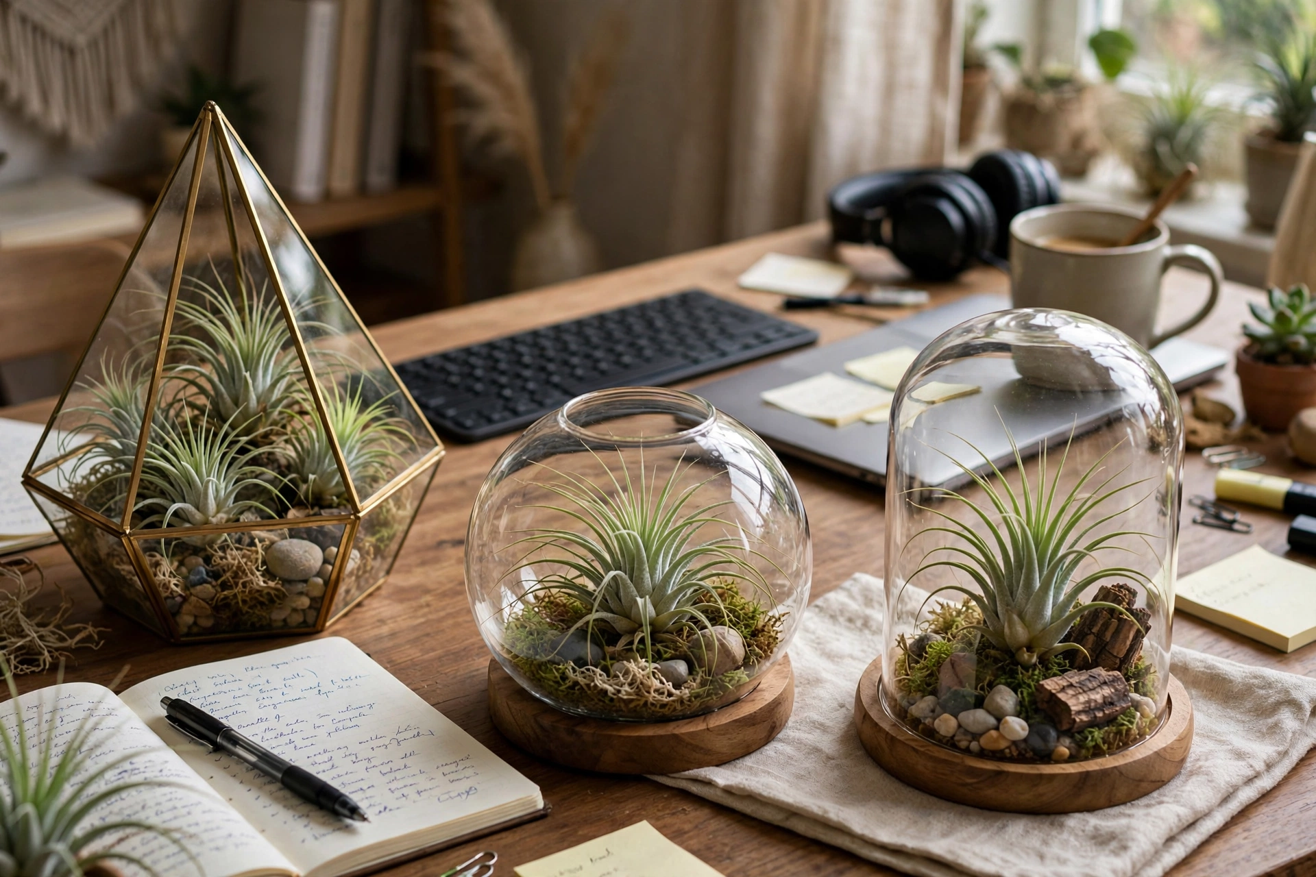 Air plants displayed in glass terrariums on a home office desk