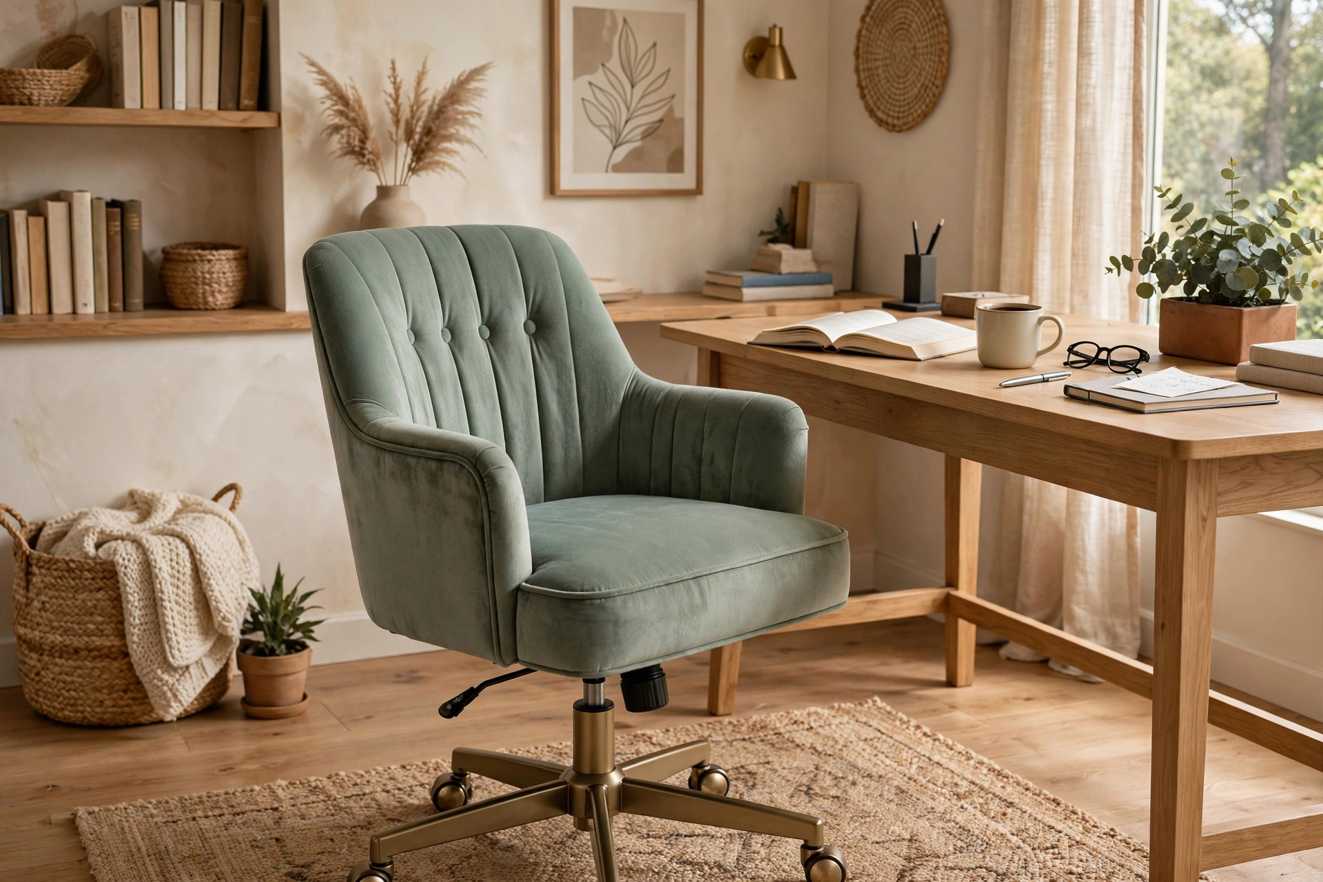Sage velvet upholstered desk chair adding color to a home office