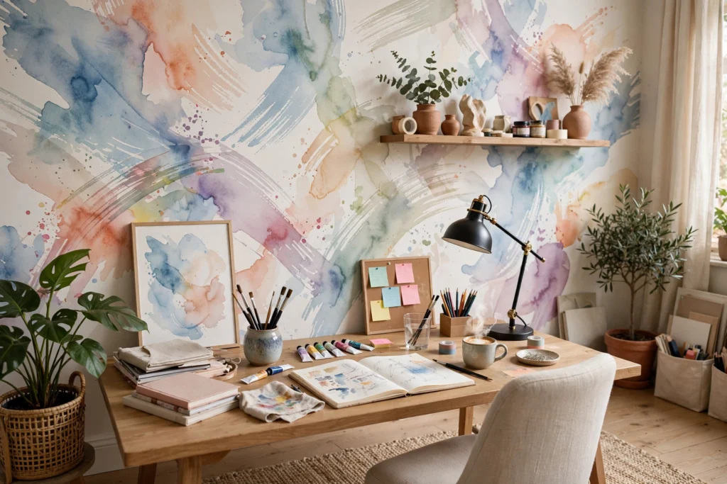 Abstract watercolor brushstroke wallpaper in a creative home office studio