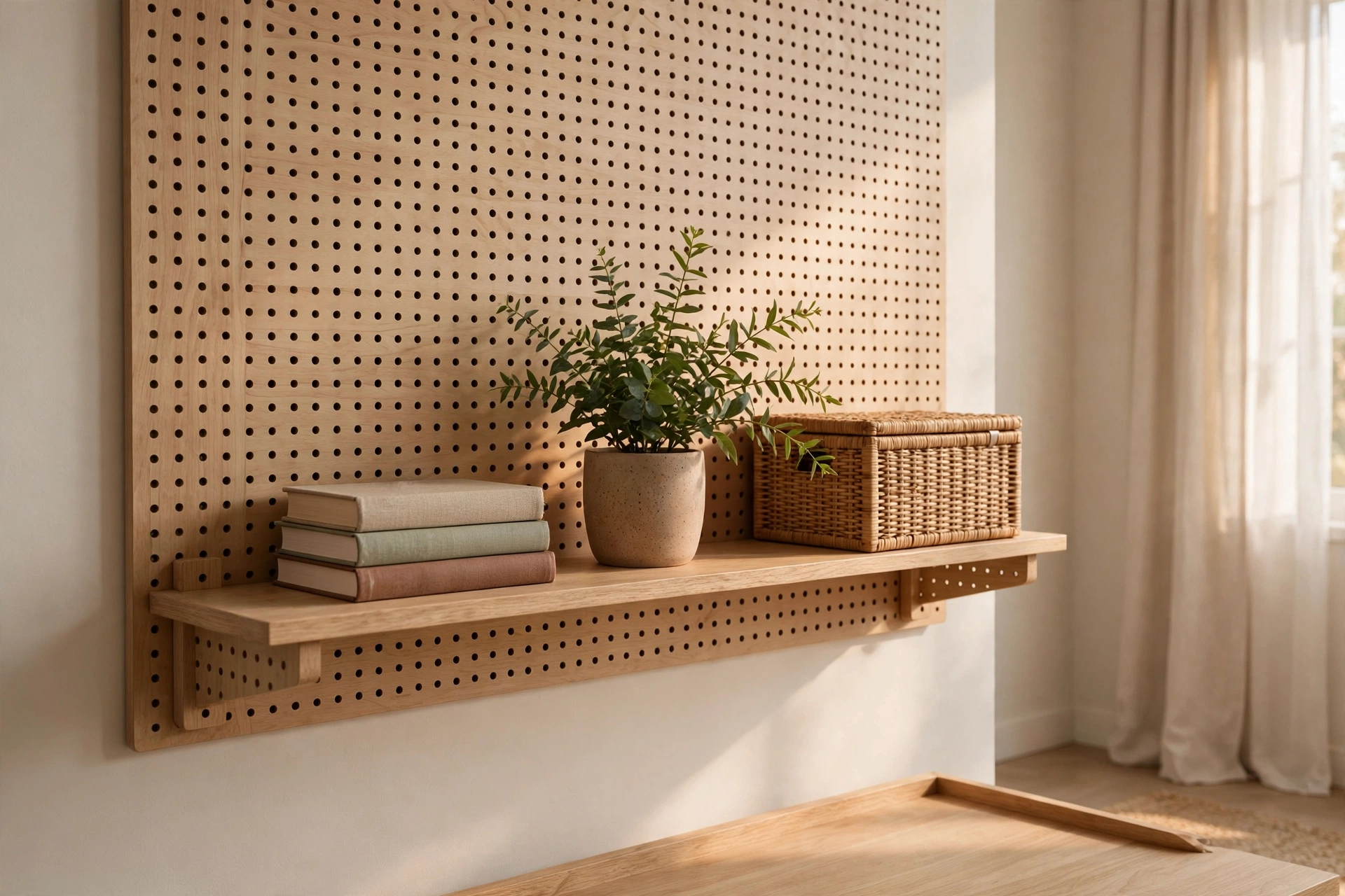 Pegboard shelf ledge holding small books a plant and a storage box in a home office