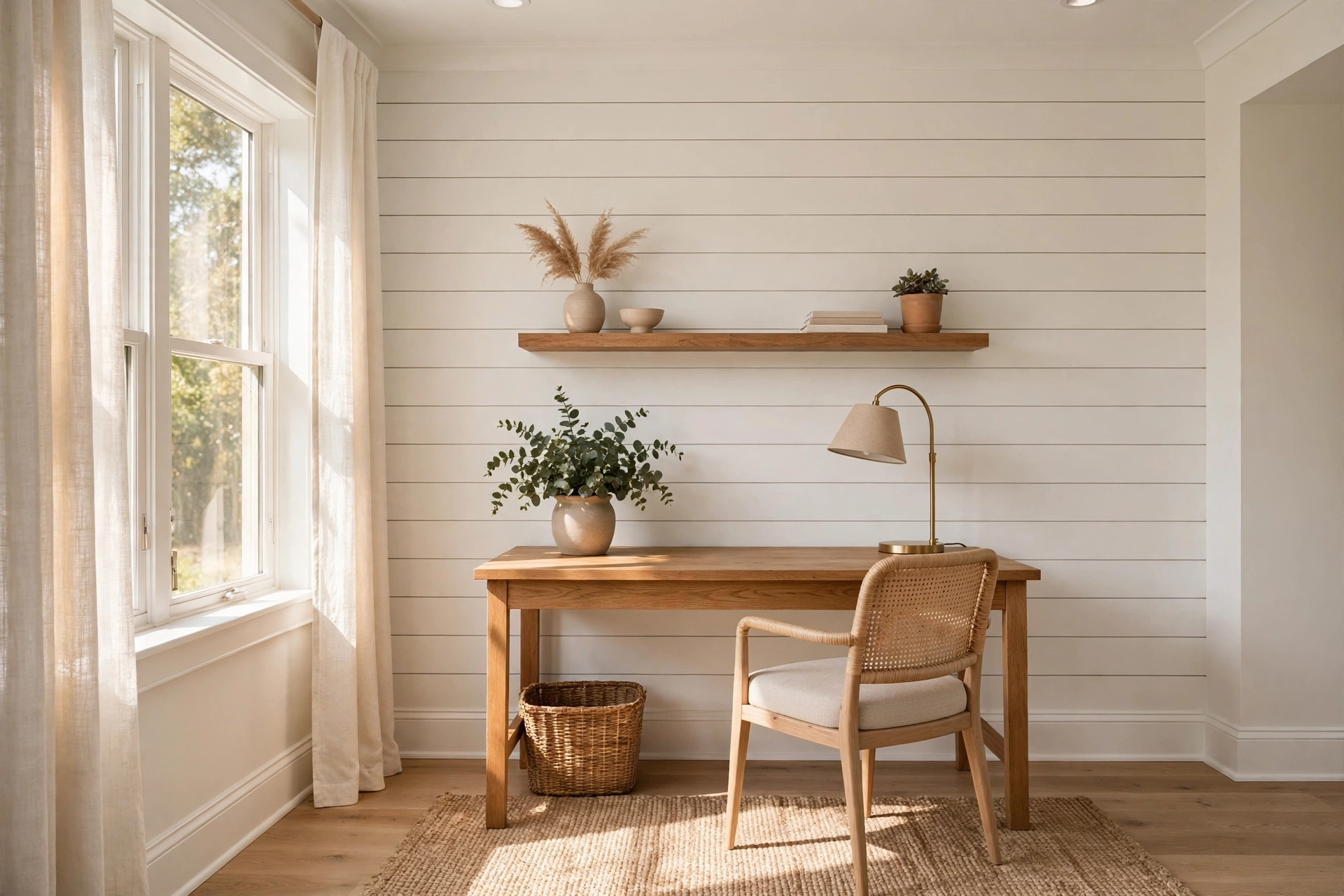 Bright home office with white horizontal shiplap accent wall and wood desk