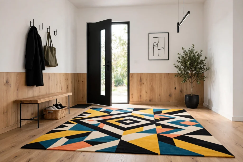 Bold geometric rug energizing a modern minimalist entryway