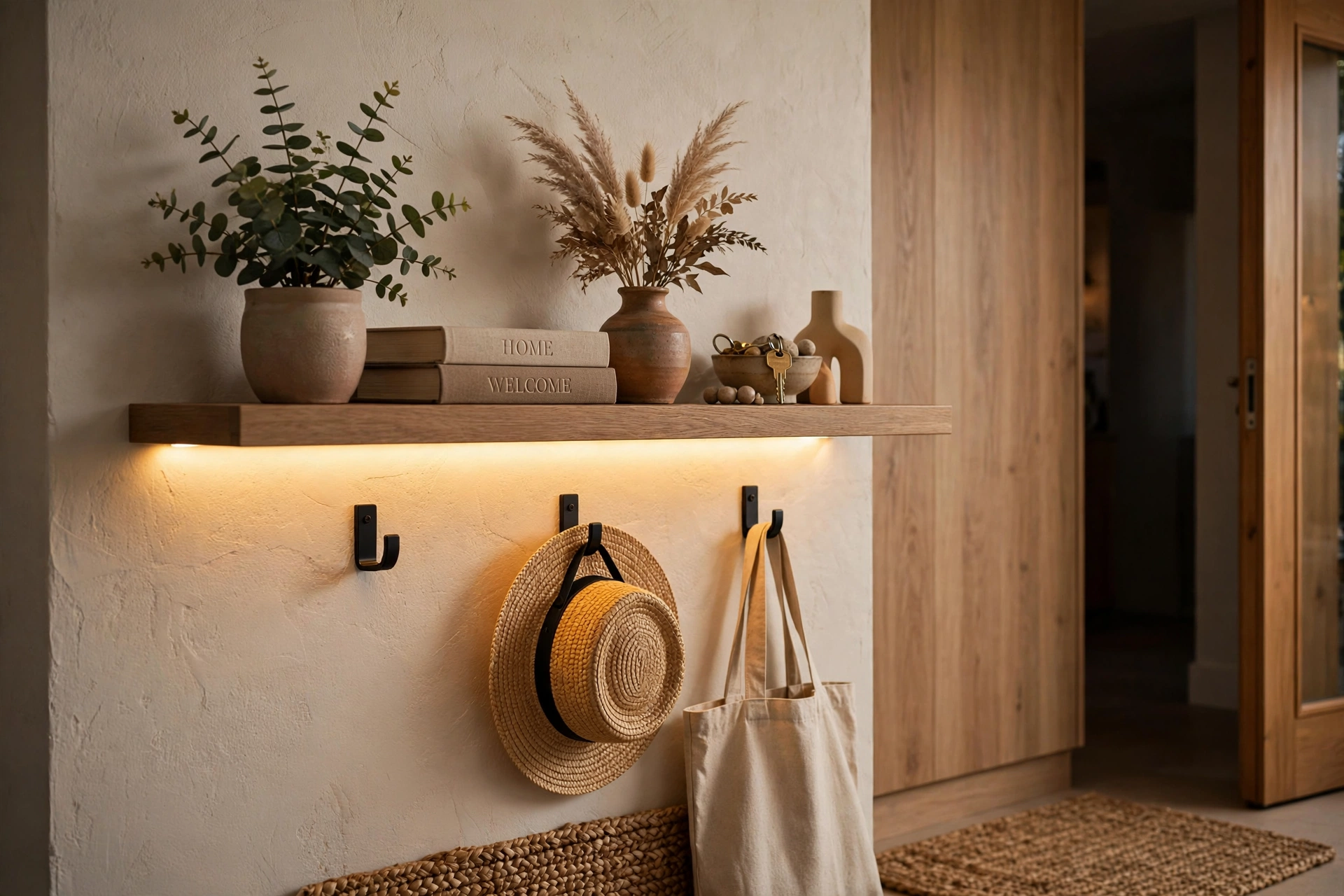Entryway wall shelf glowing with warm LED strip light under the shelf above styled decor