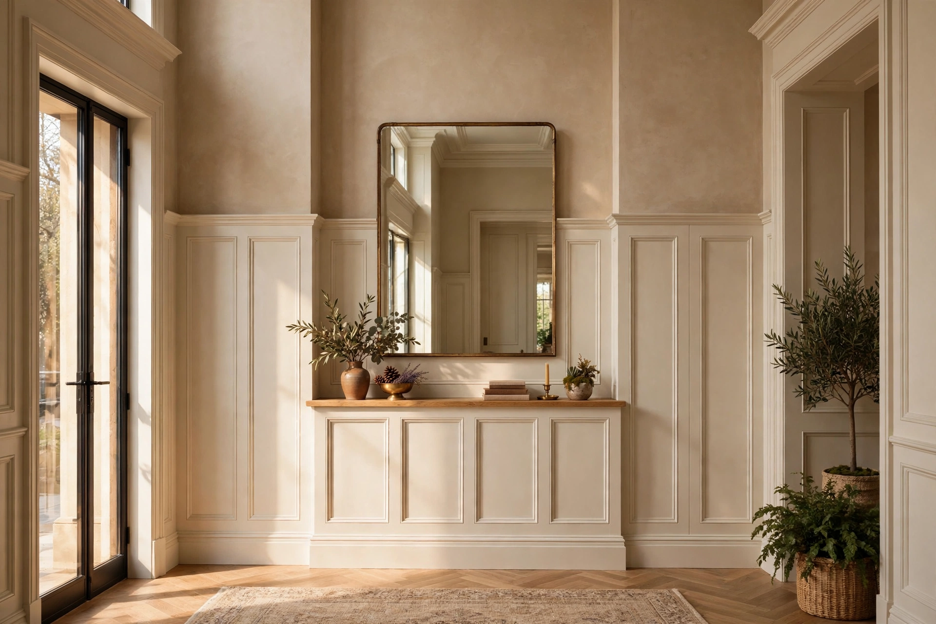 Two thirds height wainscoting in a tall entryway with display ledge and mirror
