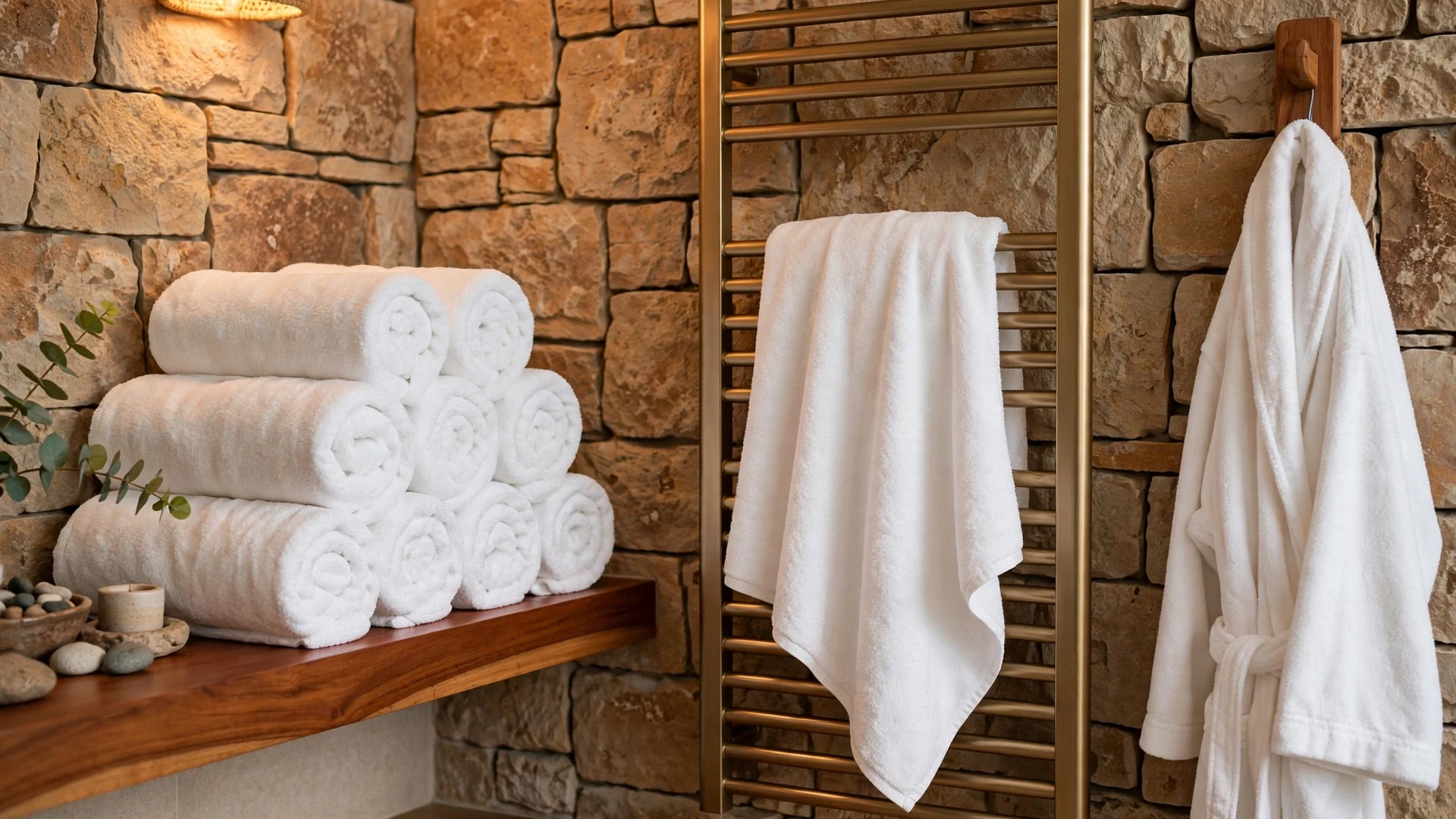 Stack of plush white towels and robe on hooks in a spa bathroom