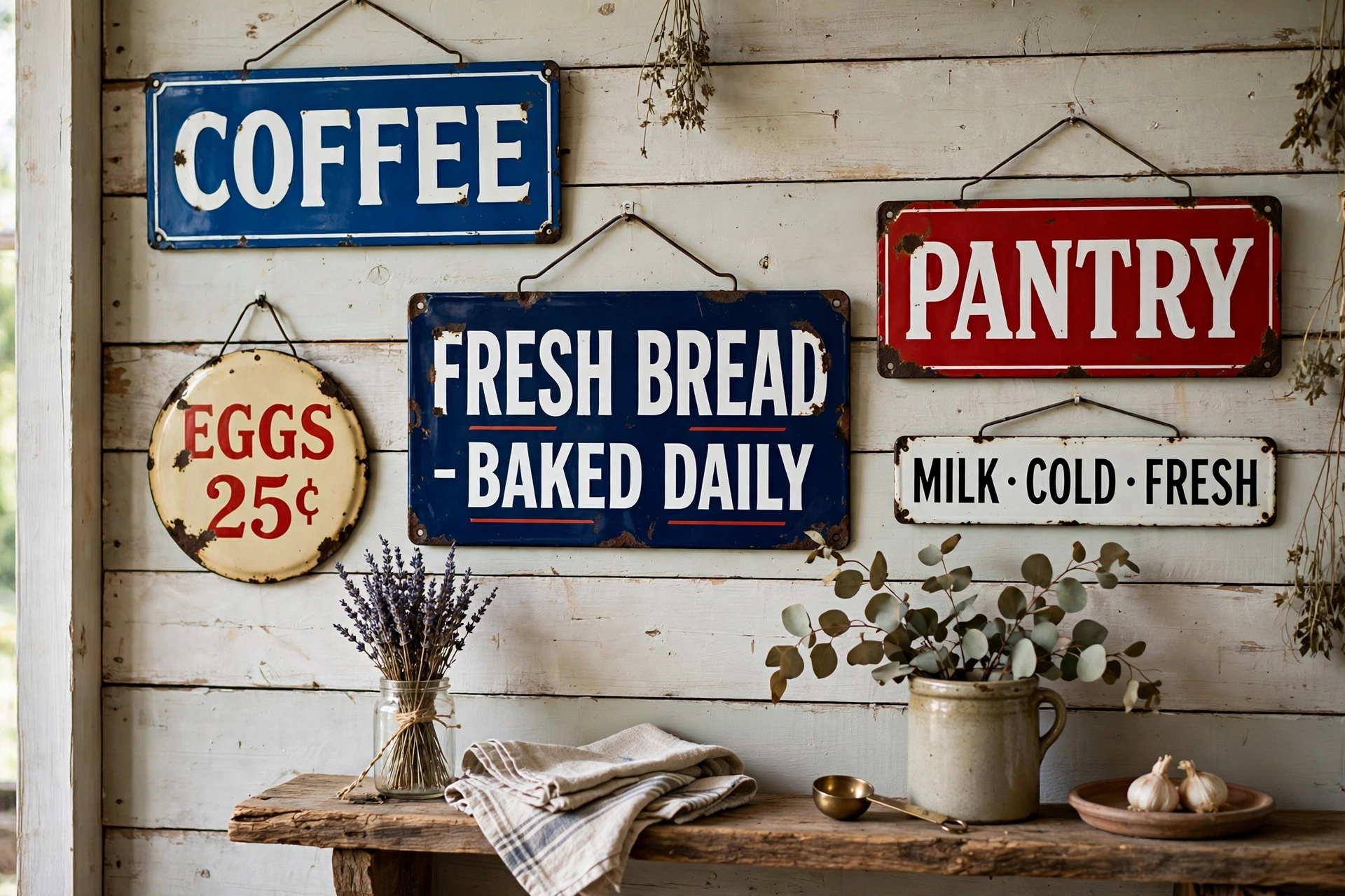 Vintage enamel kitchen signs displayed on a rustic farmhouse wall