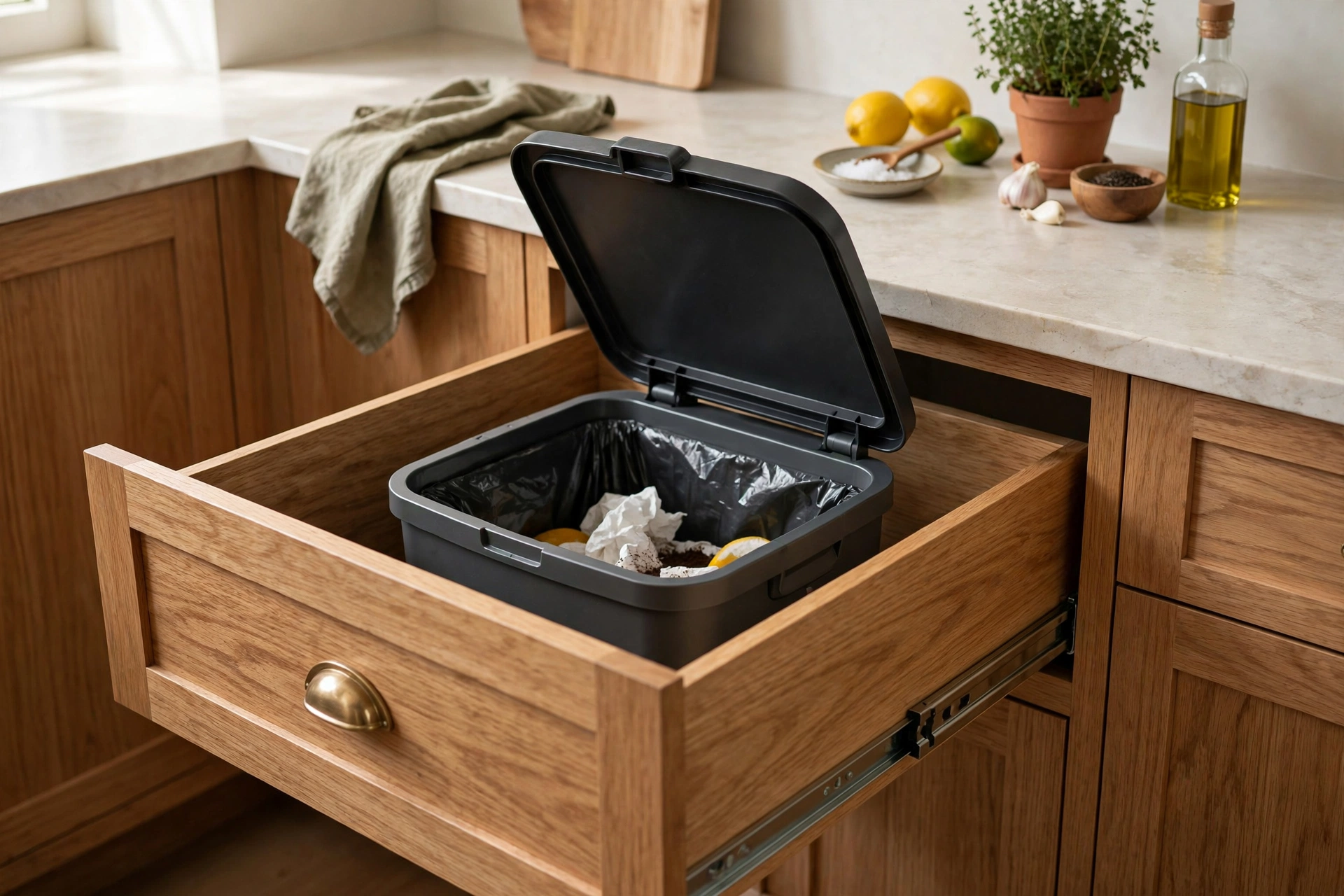 Deep kitchen drawer converted to a trash station with hinged lid