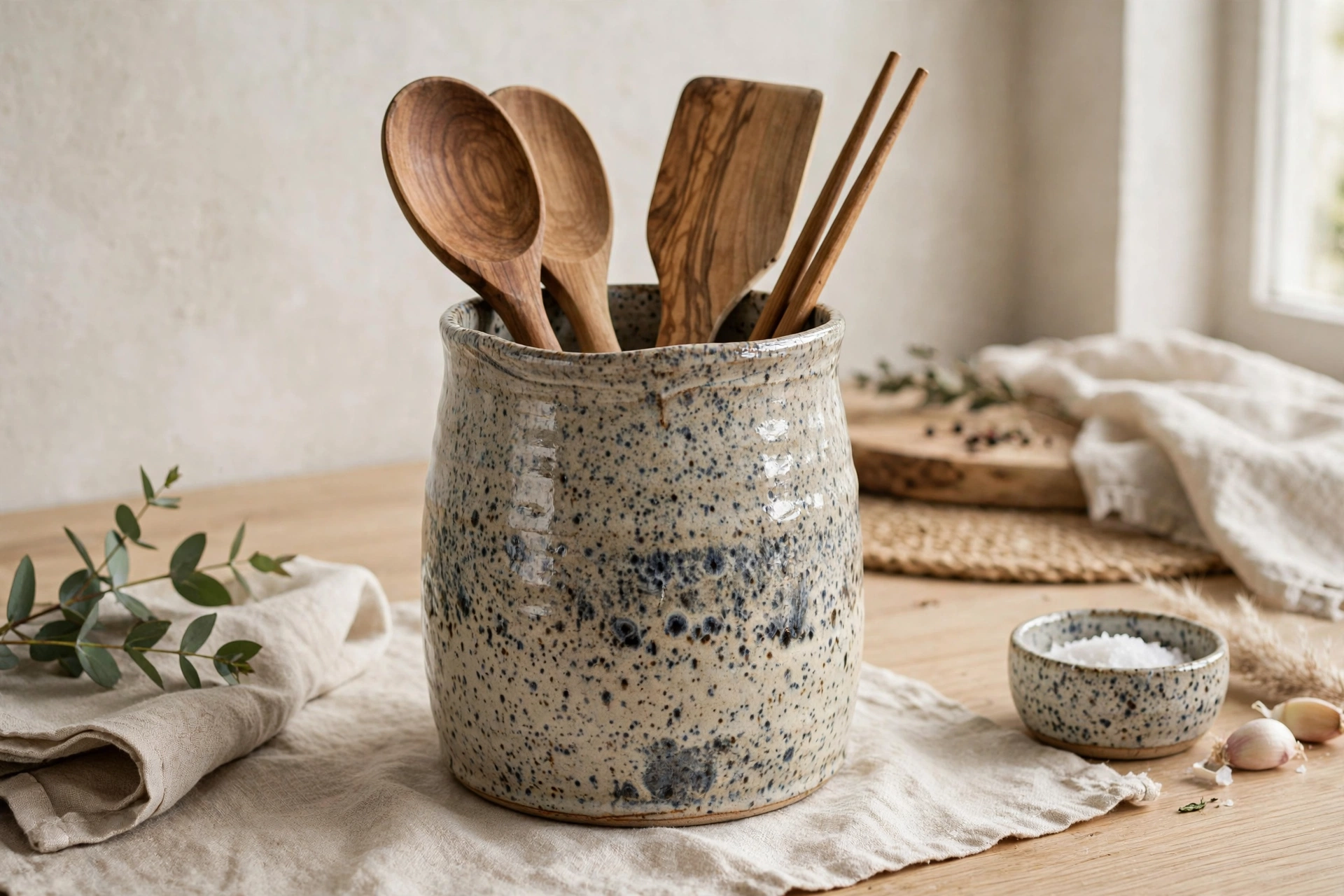 Hand thrown artisan ceramic utensil holder with speckled glaze