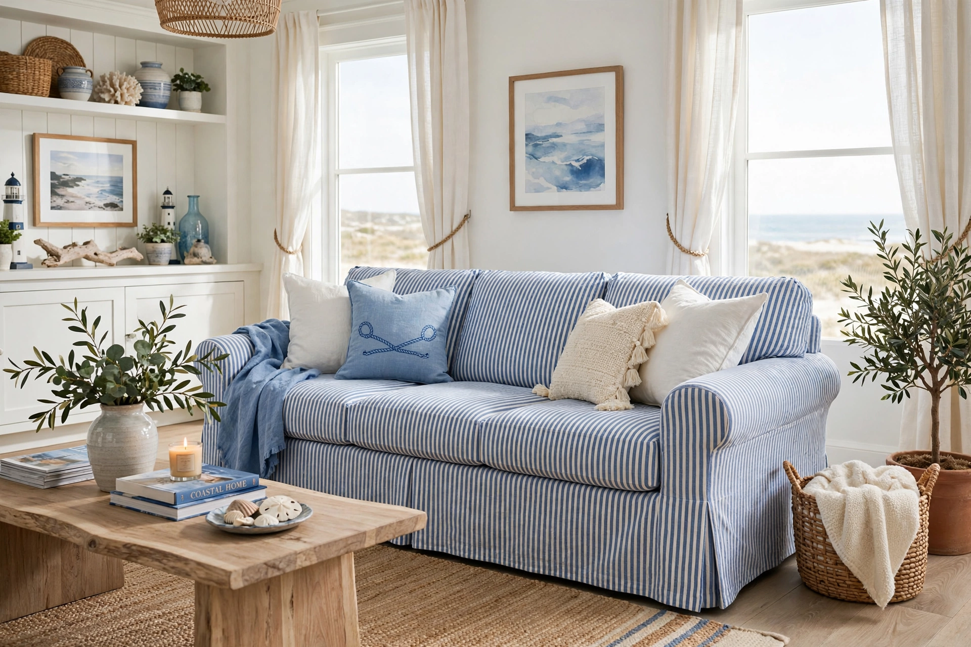 Blue and white striped slipcover sofa in a coastal style living room