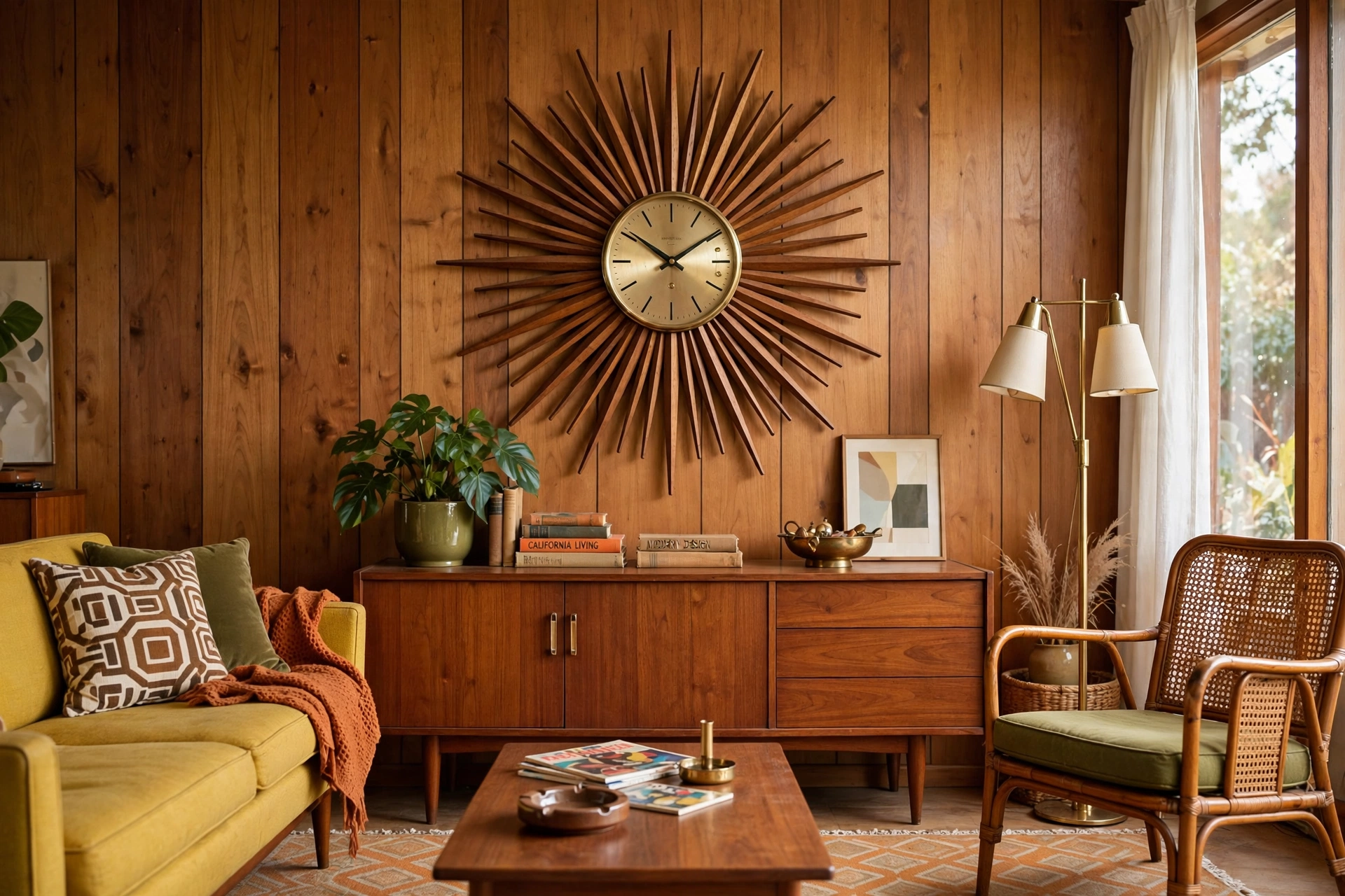 Mid century sunburst wall clock with wooden rays in a retro living room
