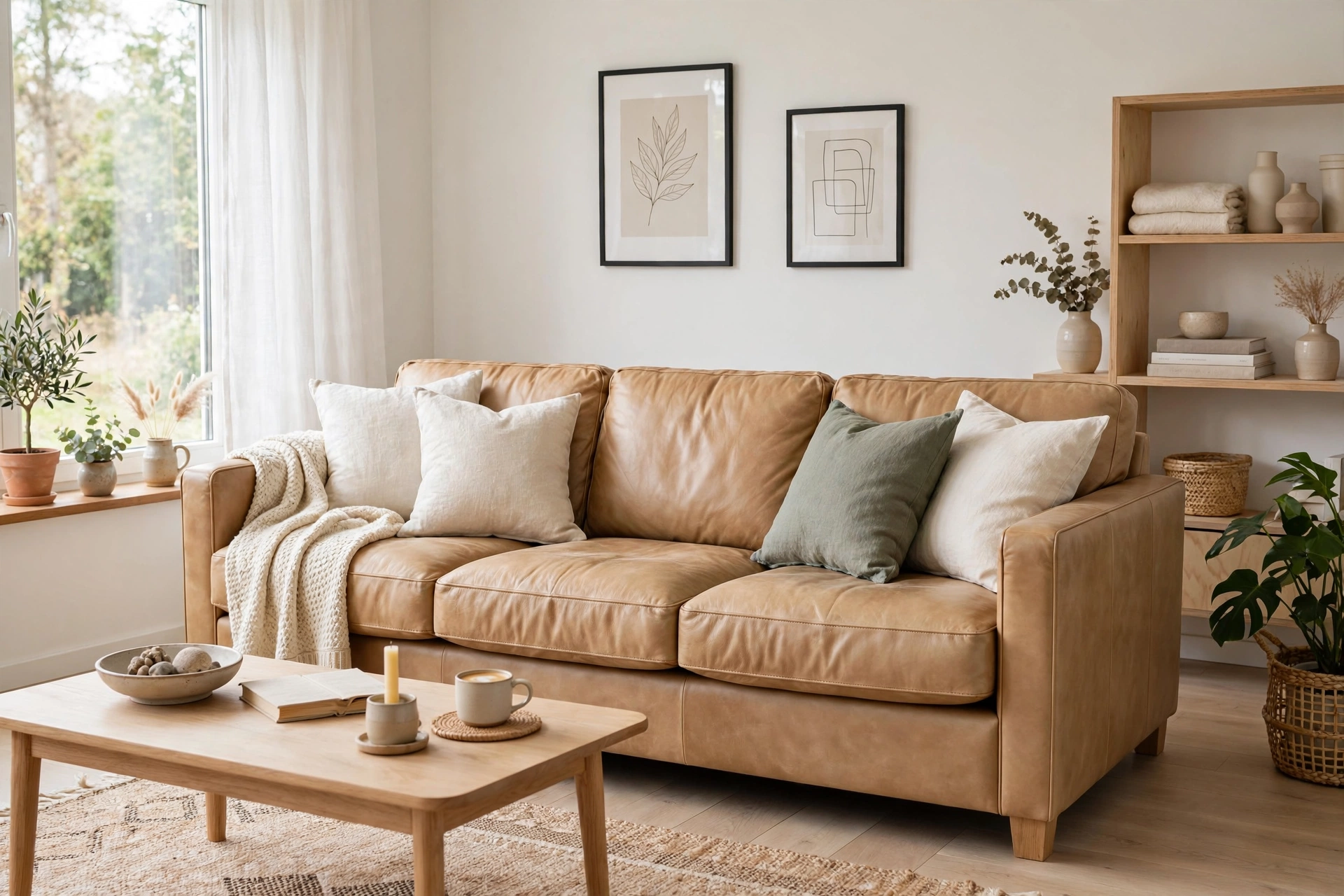 Light camel leather sofa in a bright scandinavian style living room