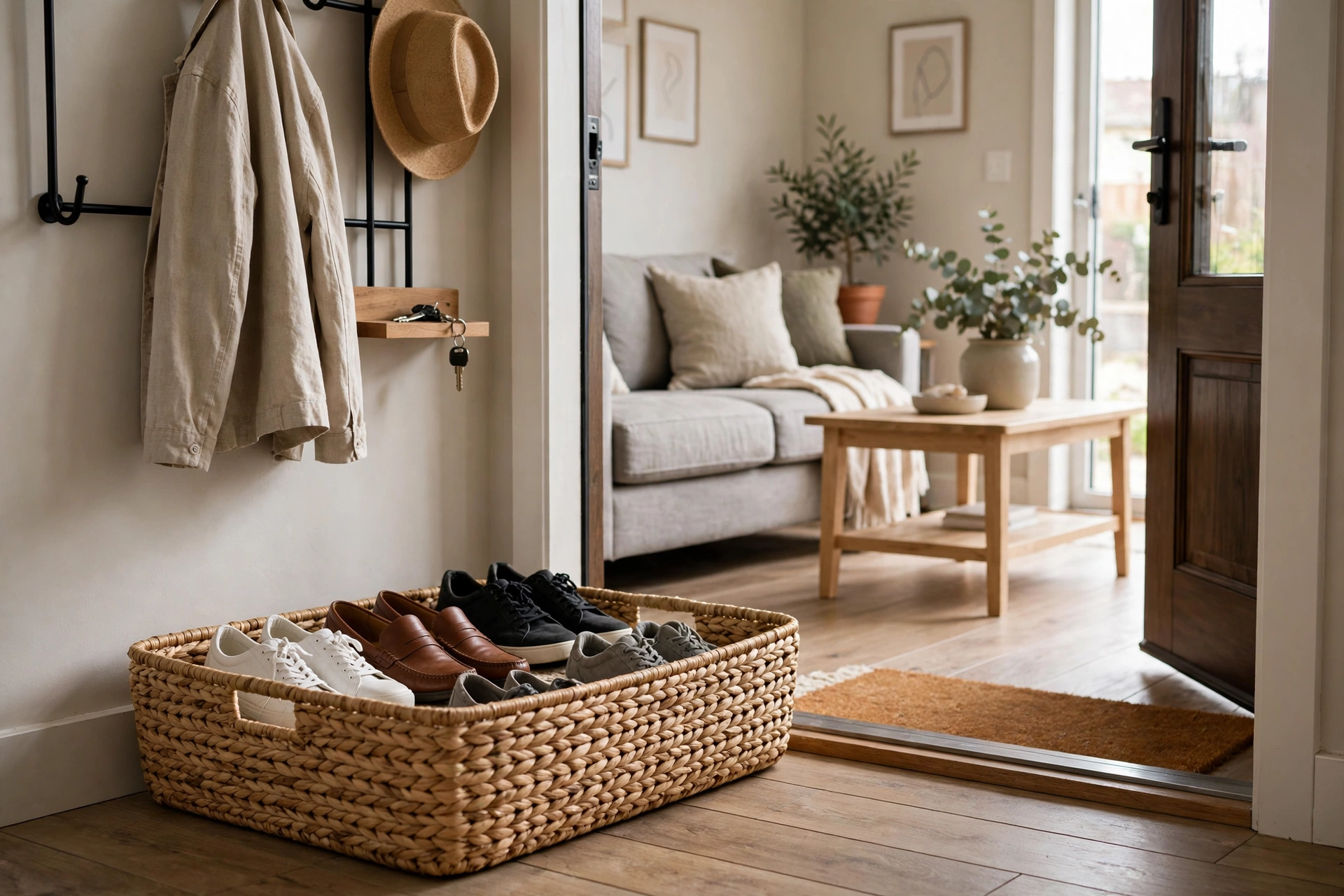Low wide basket neatly holding shoes near a living room entrance