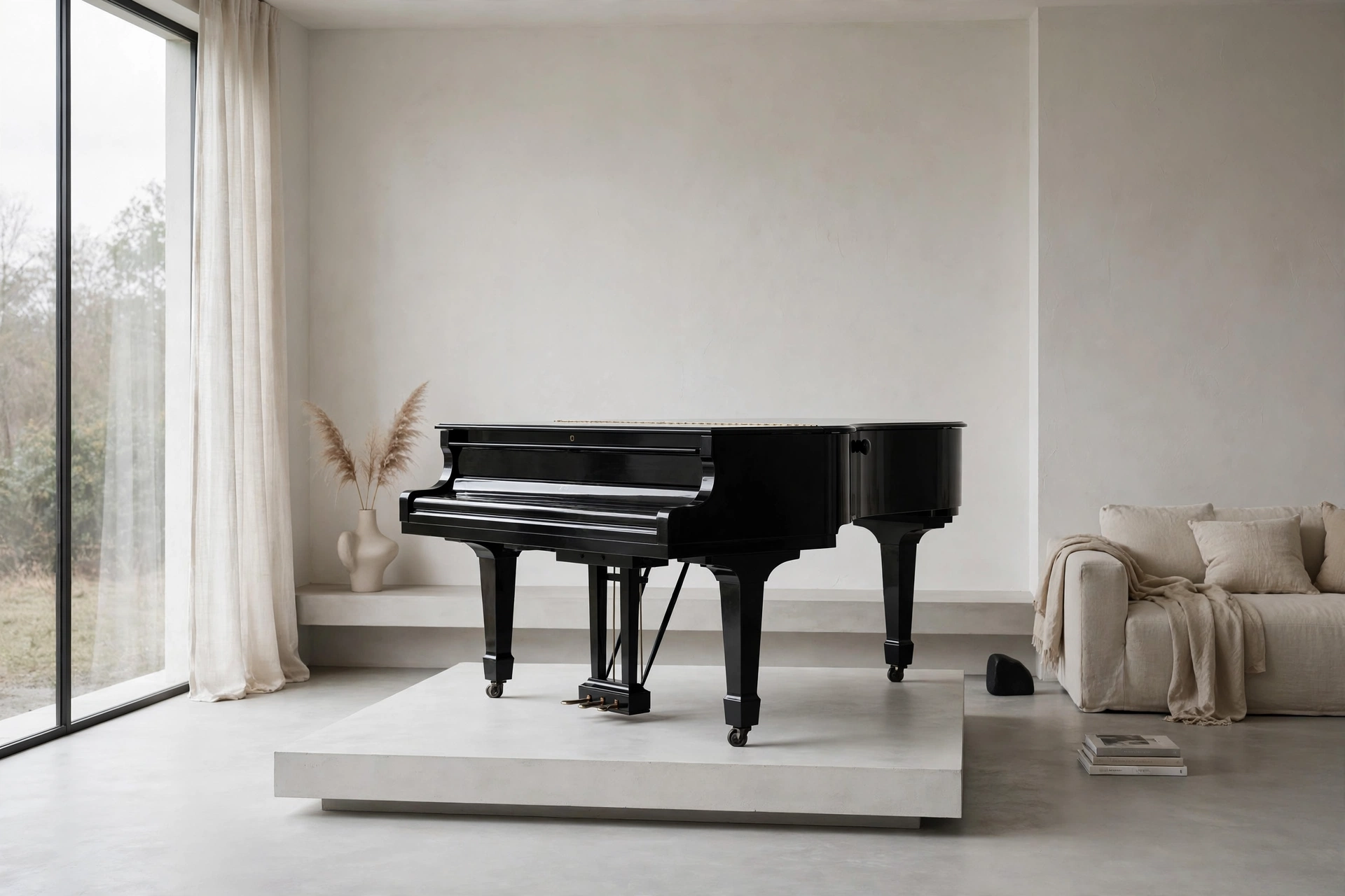 Black grand piano standing as sculpture in a minimalist living room