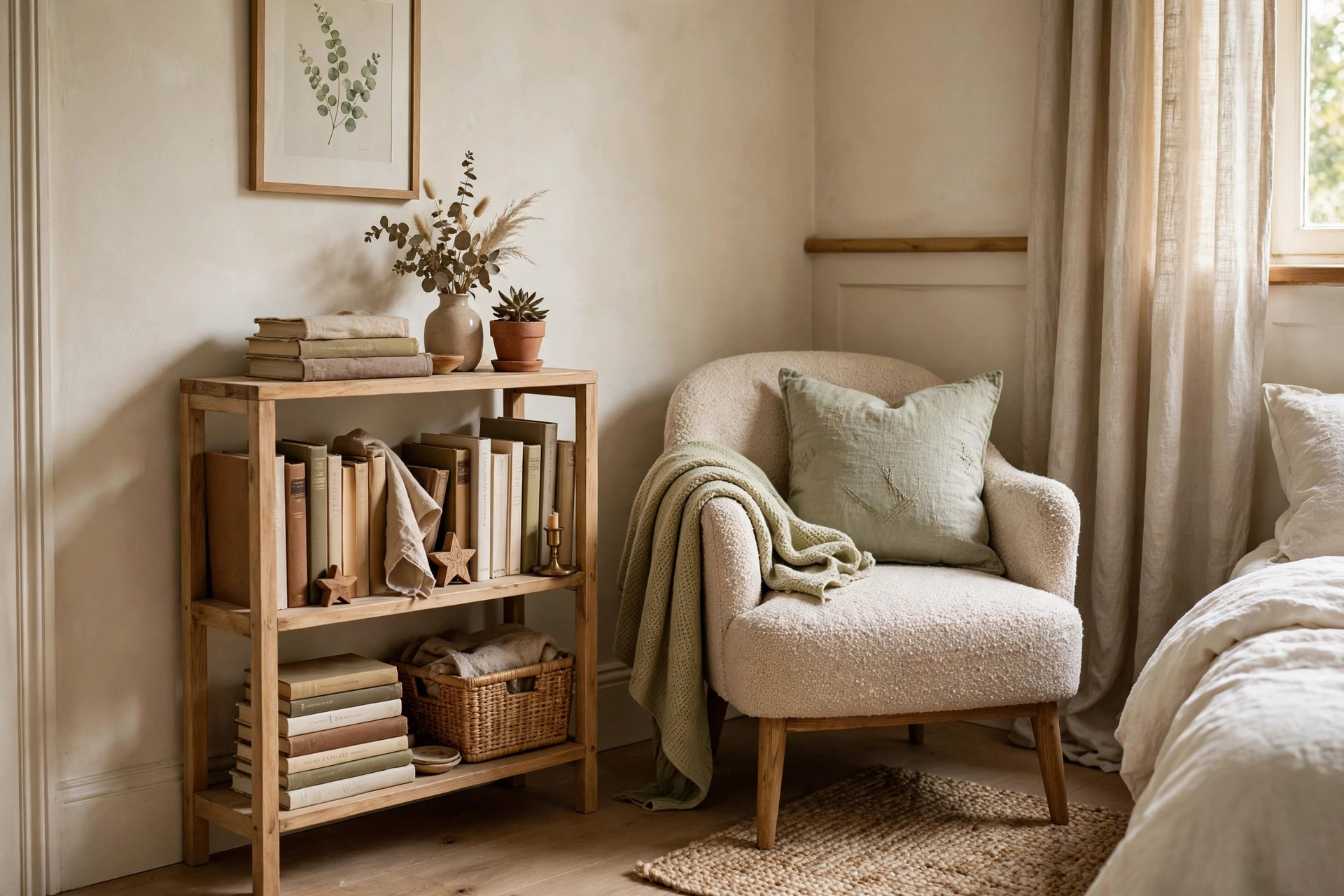 Small bookcase beside a reading chair in a cozy bedroom corner